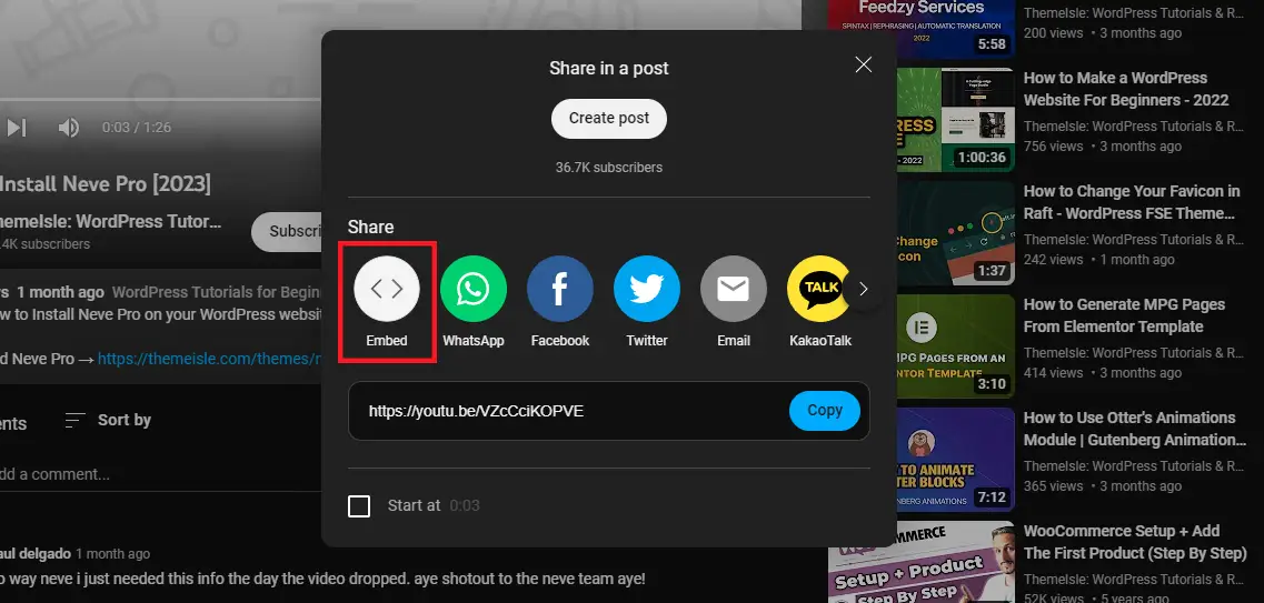 Using the embed video function from YouTube