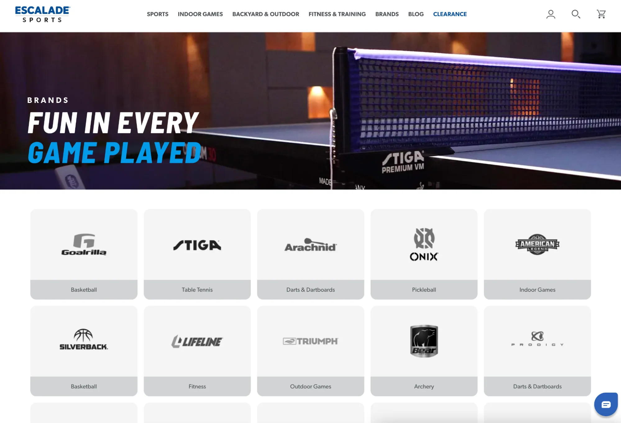 The Escalade Sports site showing ping‑pong hero and grid of sporting brand logos.