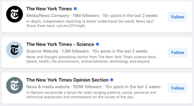 The New York Times multiple Facebook pages with consistent branding and language