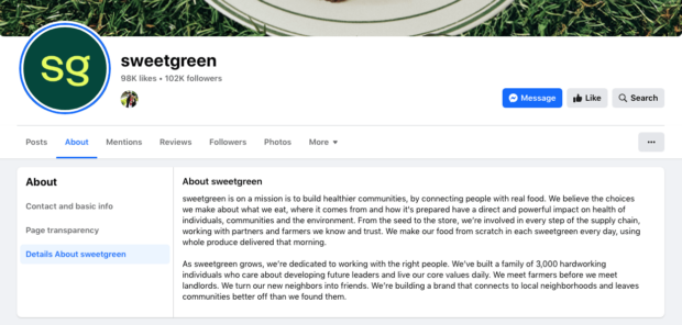 sweetgreen details about section