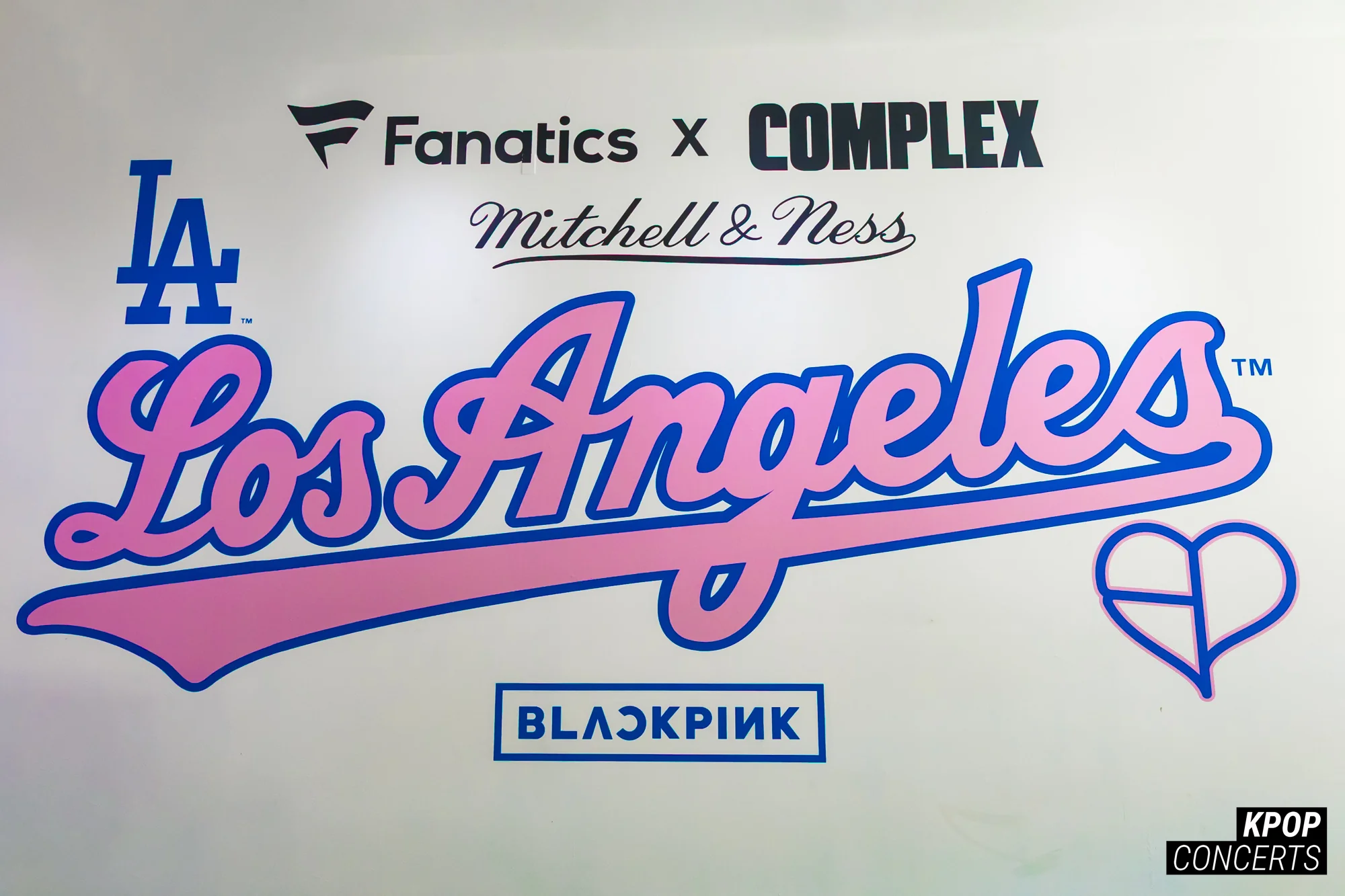 Fanatics x Complex BLACKPINK pop-up wall with Los Angeles script and MLB, NBA, and K-pop branding.