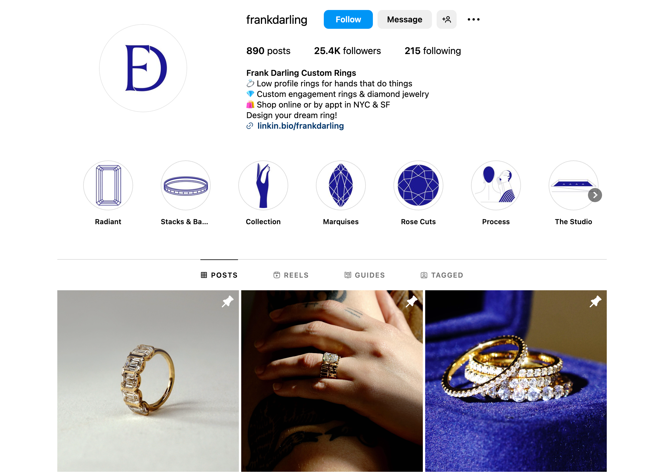 Frank Darling Instagram profile showcasing diamond rings and custom jewelry highlights.