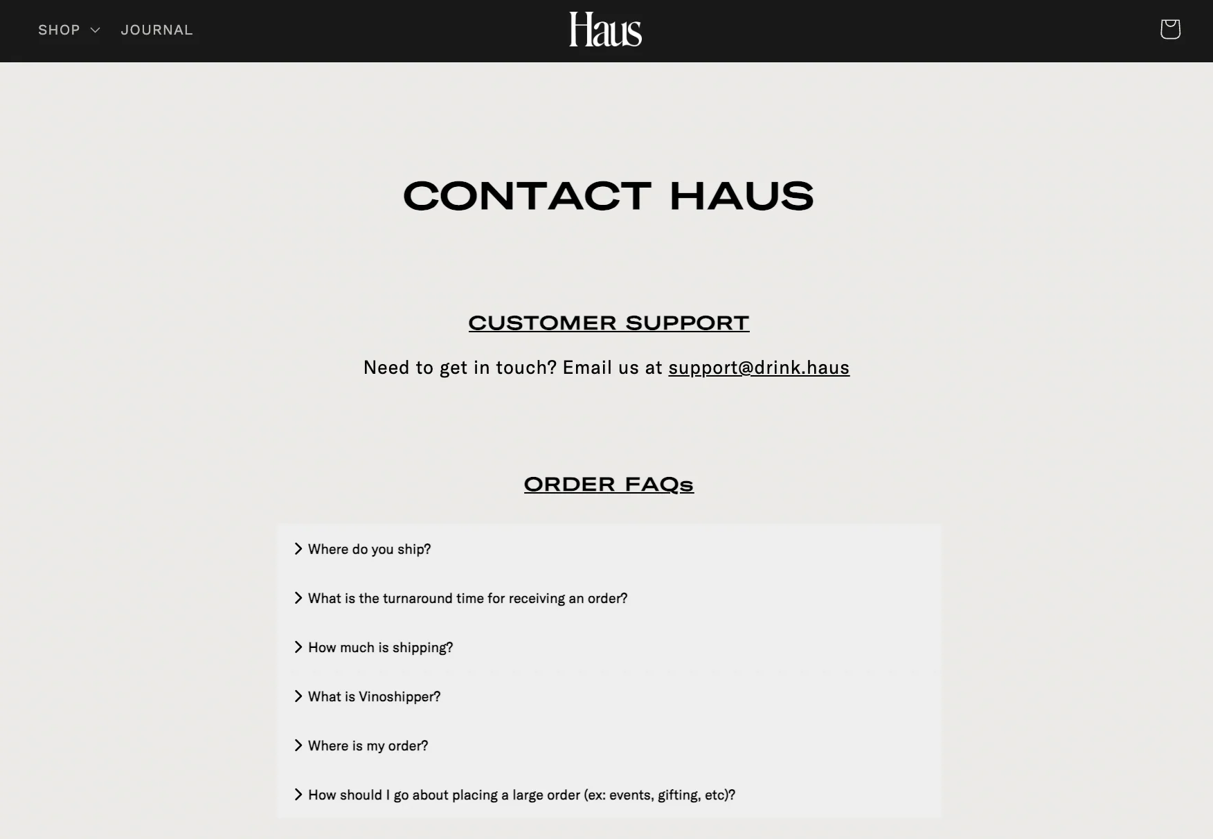 Haus’ Contact Us page includes an email address and a list of order FAQs.