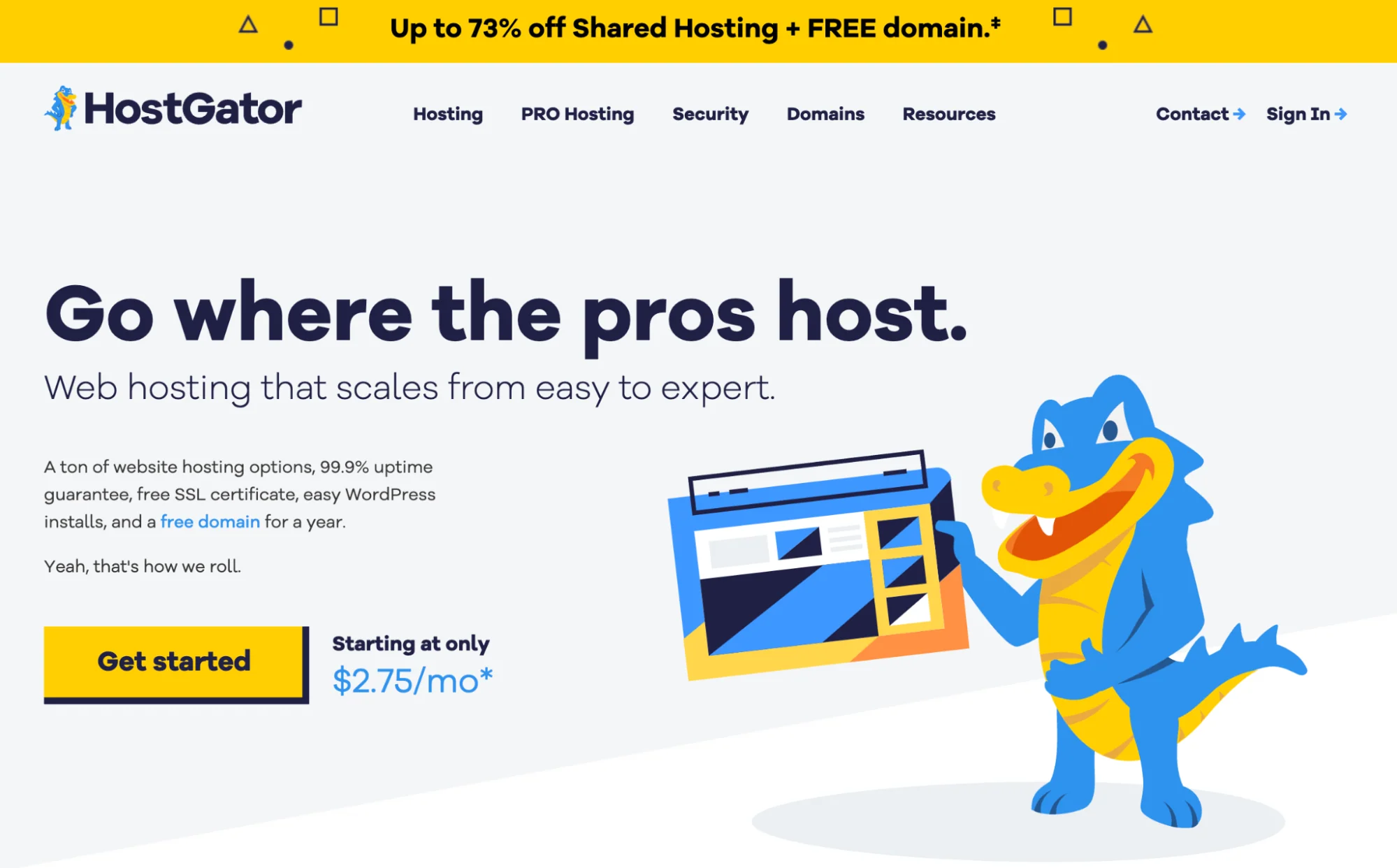 HostGator homepage showing blue gator mascot promoting shared hosting deals.