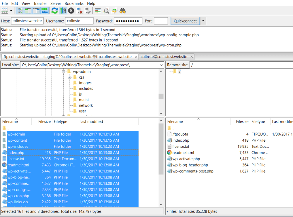 Uploading WordPress files to staging site.