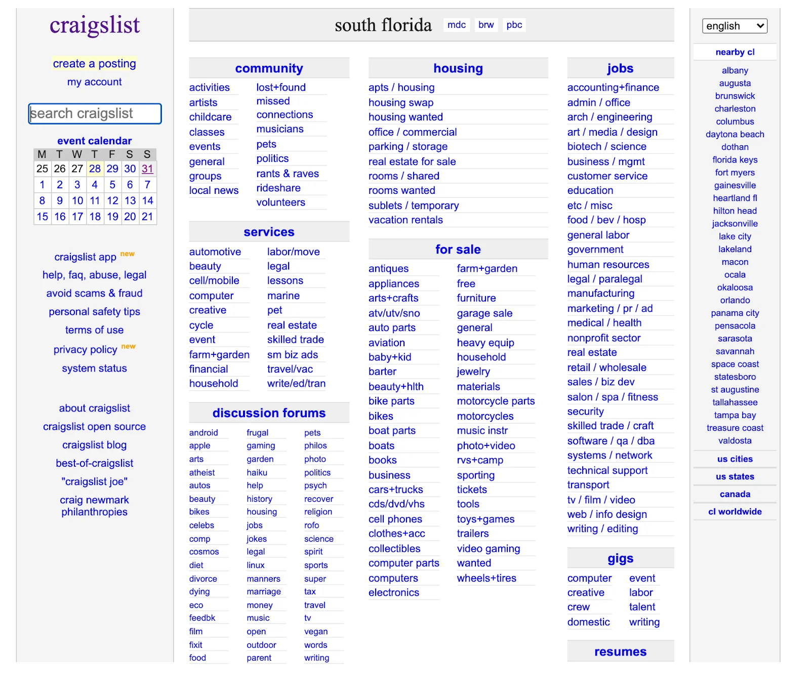 Lists of blue hyperlinked text with gray headings and gray sidebars.