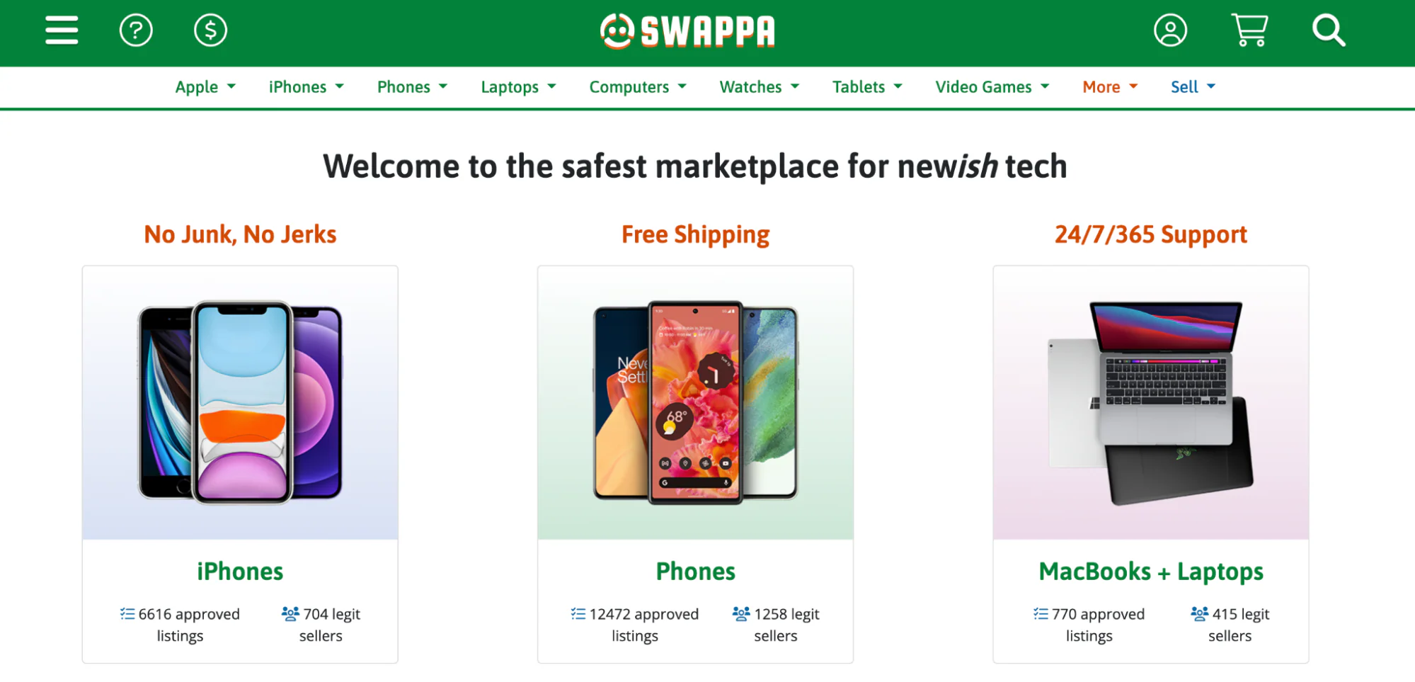 Three products cards with pictures of iPhones, smartphones, and laptops.