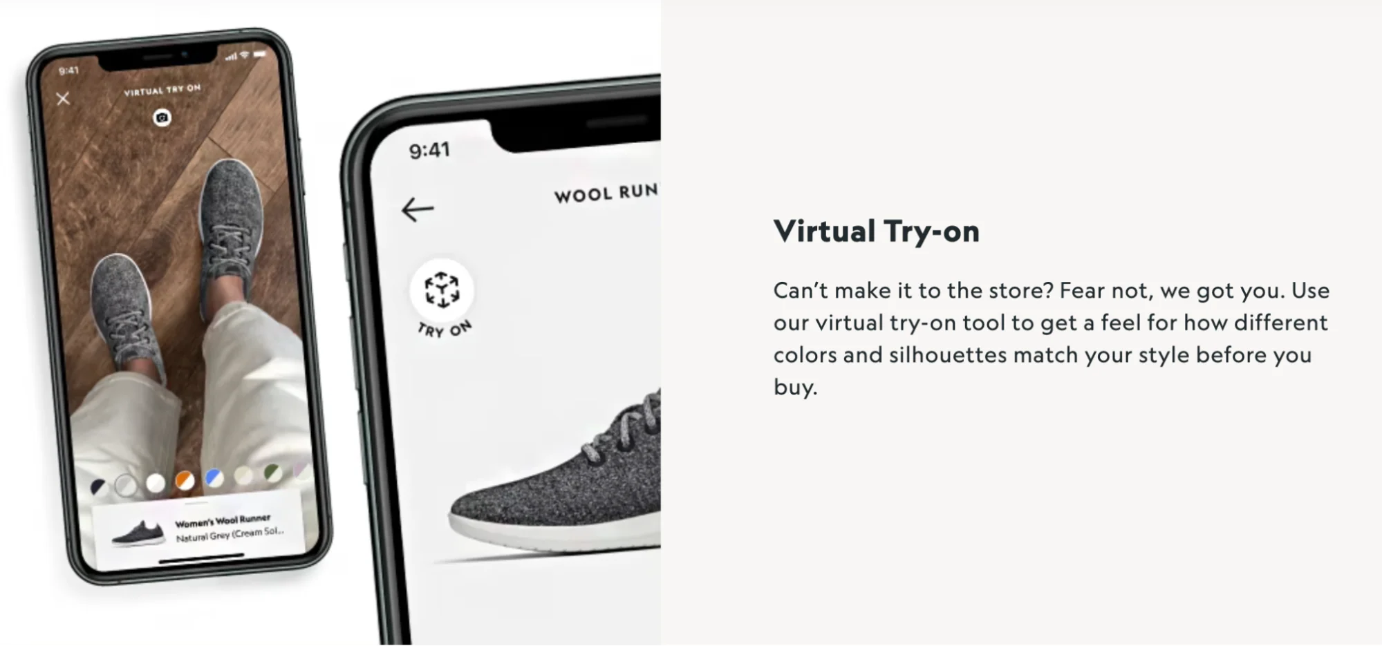 Mobile phone showing virtual try-on of grey sneakers using AR feature.