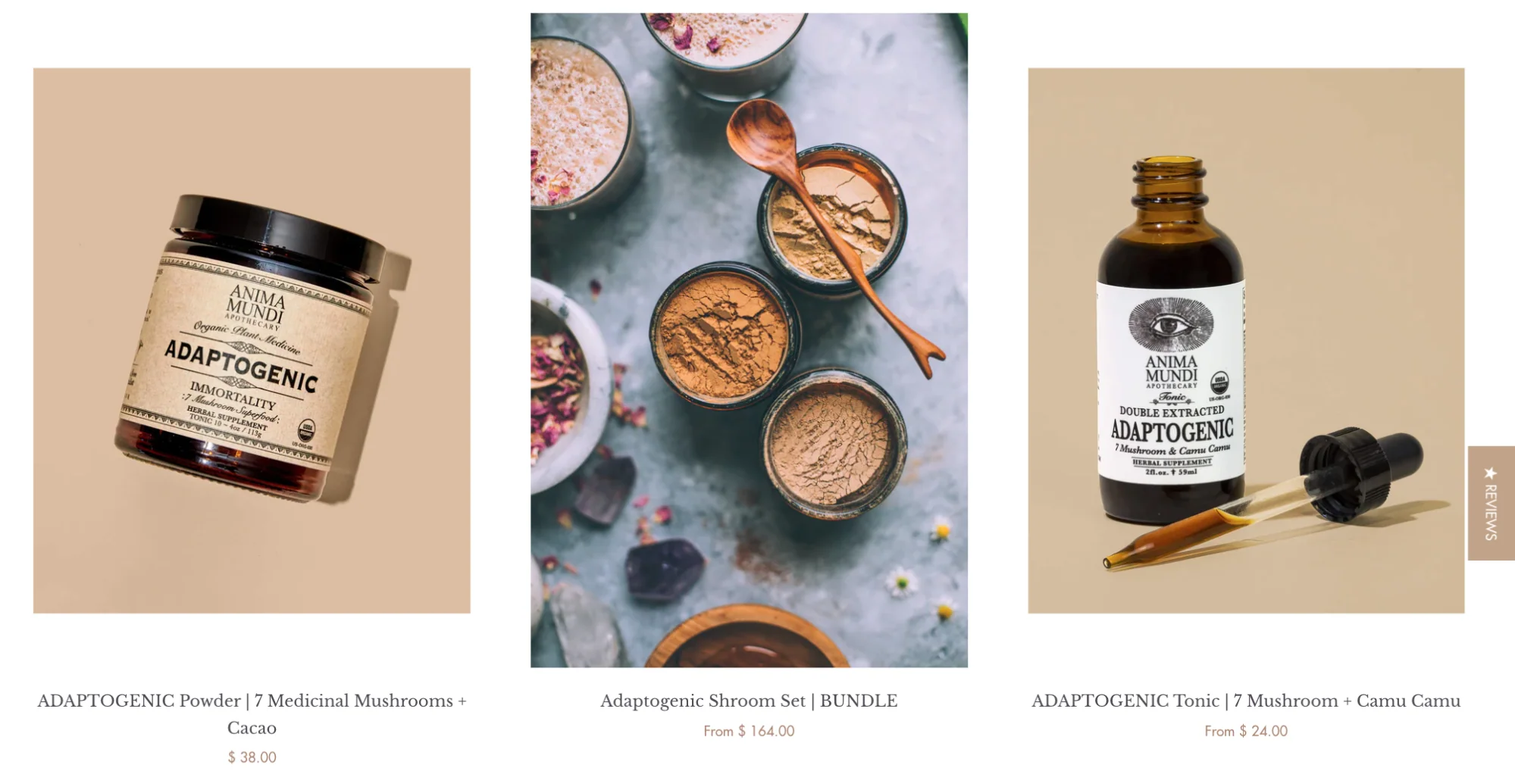 Three adaptogenic wellness products including powder, bundle, and tonic.