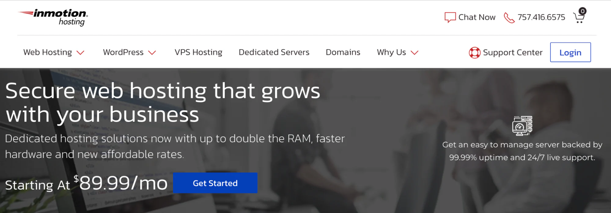 InMotion Hosting homepage promoting secure business-grade hosting plans.
