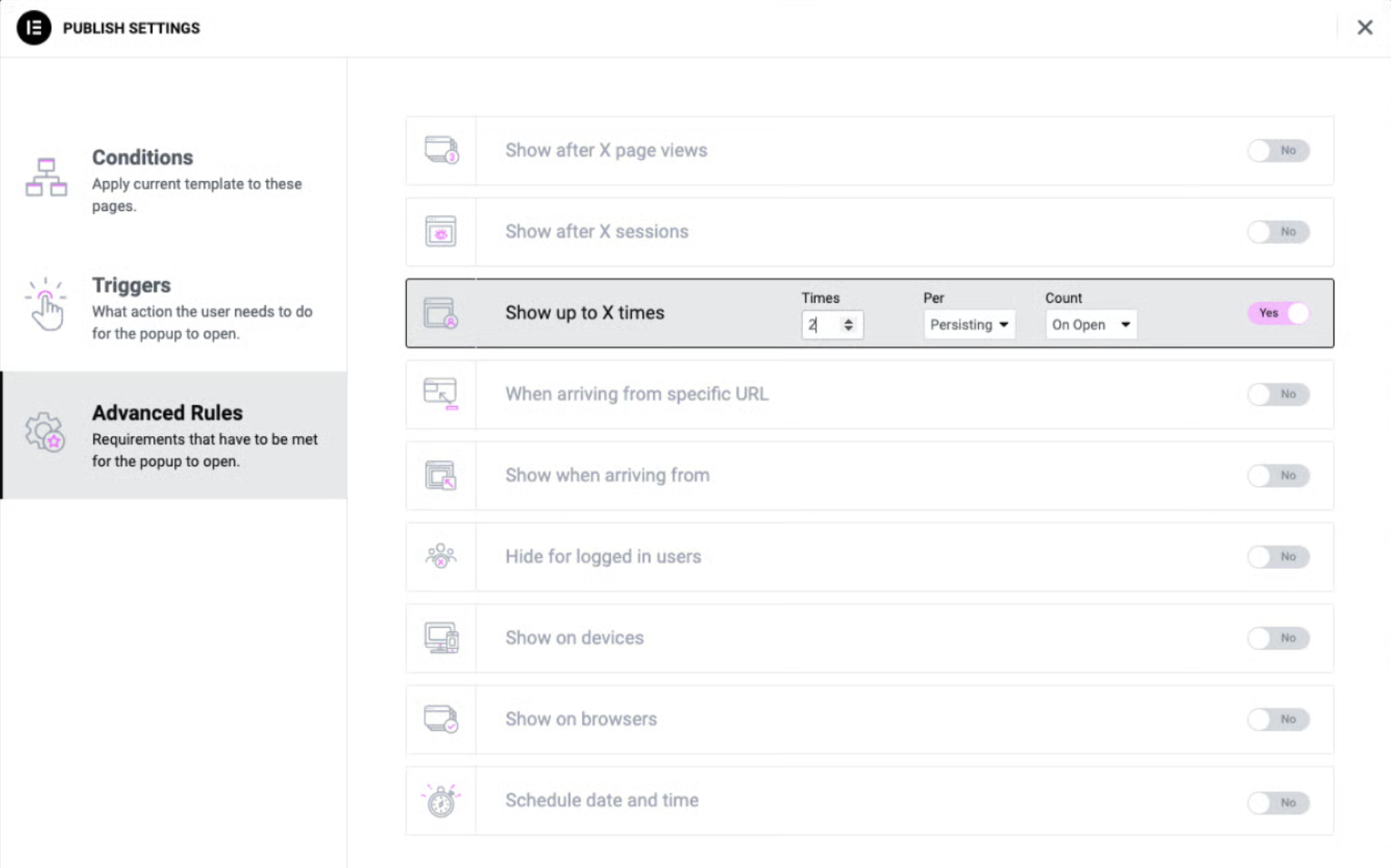 screenshot of elementor pop up builder