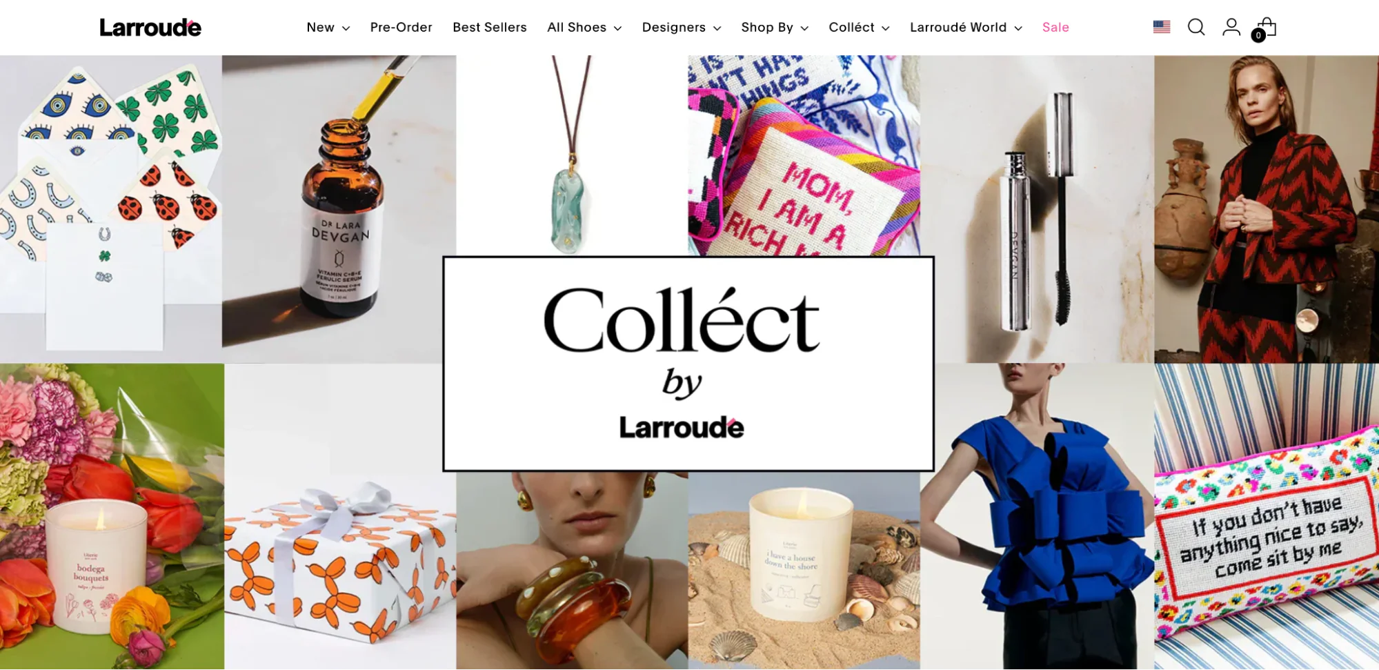 A Larroude Colléct page collage of luxury accessories and apparel.