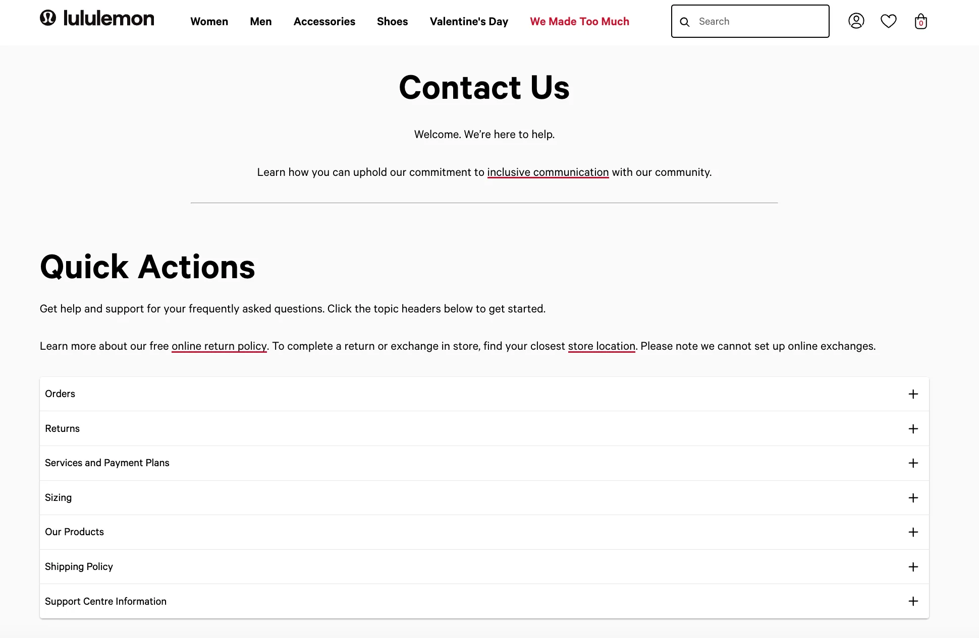Lululemon’s Contact Us page has a dropdown menu of quick actions.