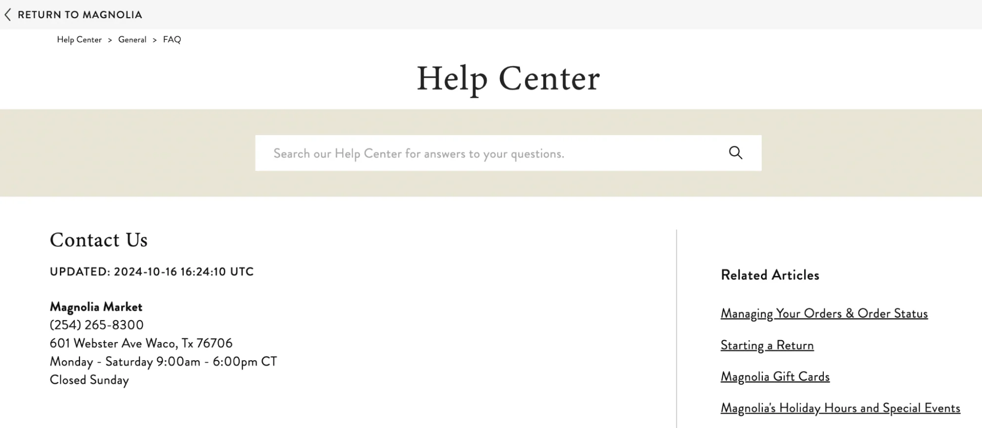 Magnolia Market’s Help Center has a search bar and contact information.