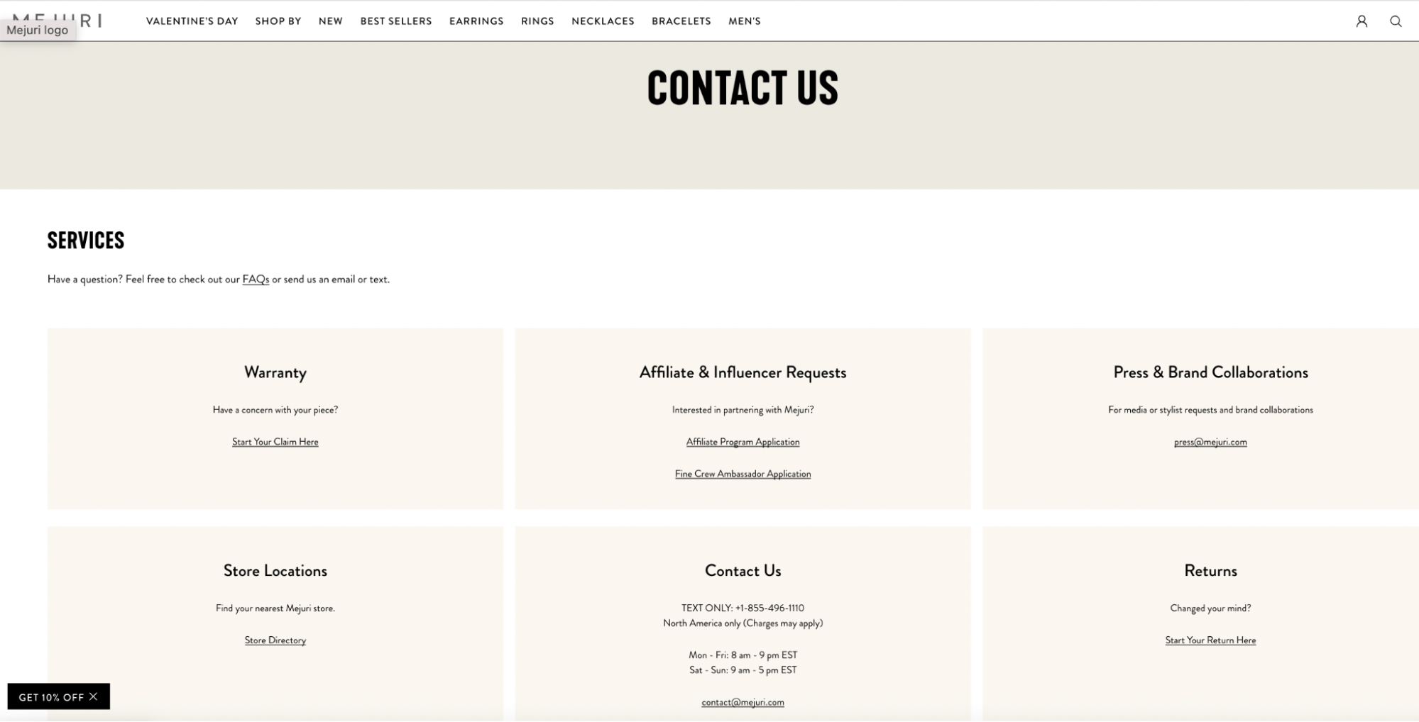 Mejuri’s contact page features six boxes with different contact information.