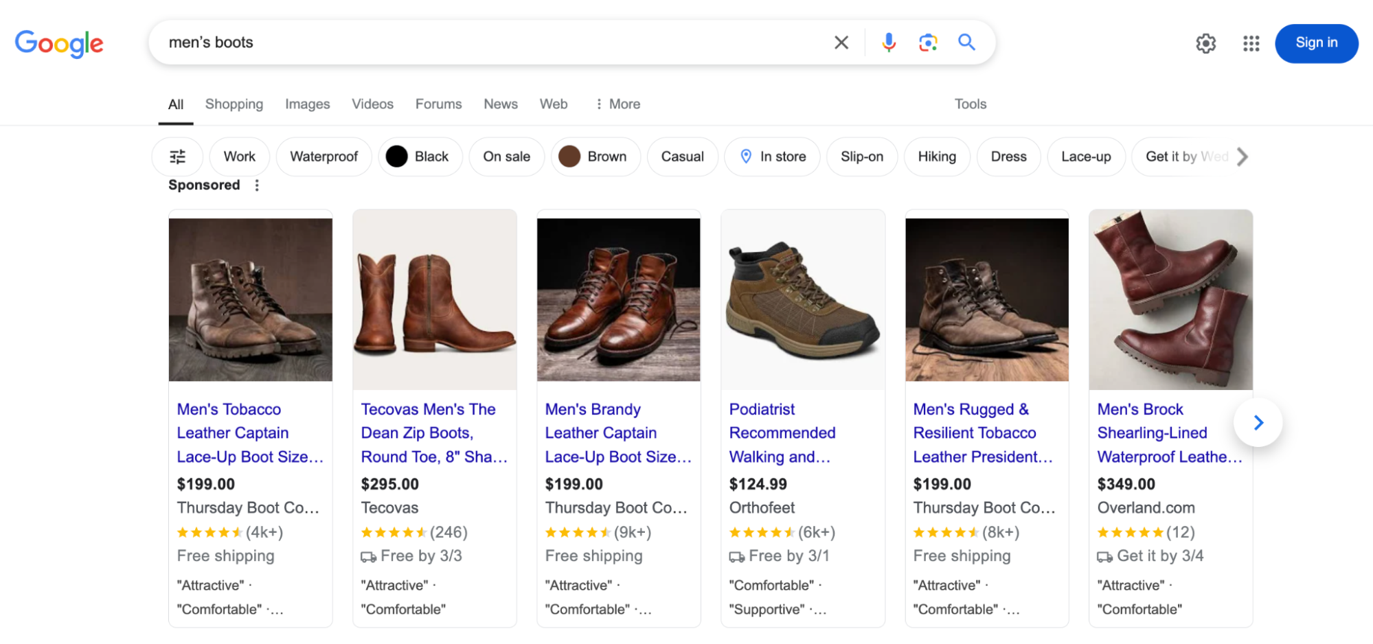 Google Shopping carousel ads for the search “men’s boots.”