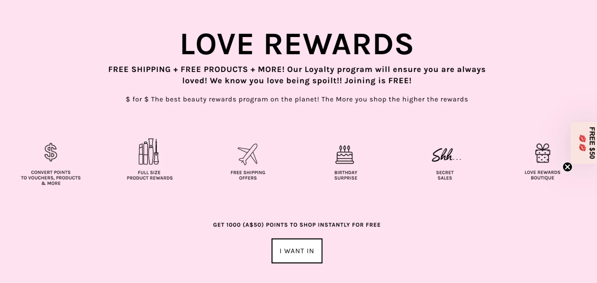 Mirenesse’s loyalty program page showcases the benefits on offer.
