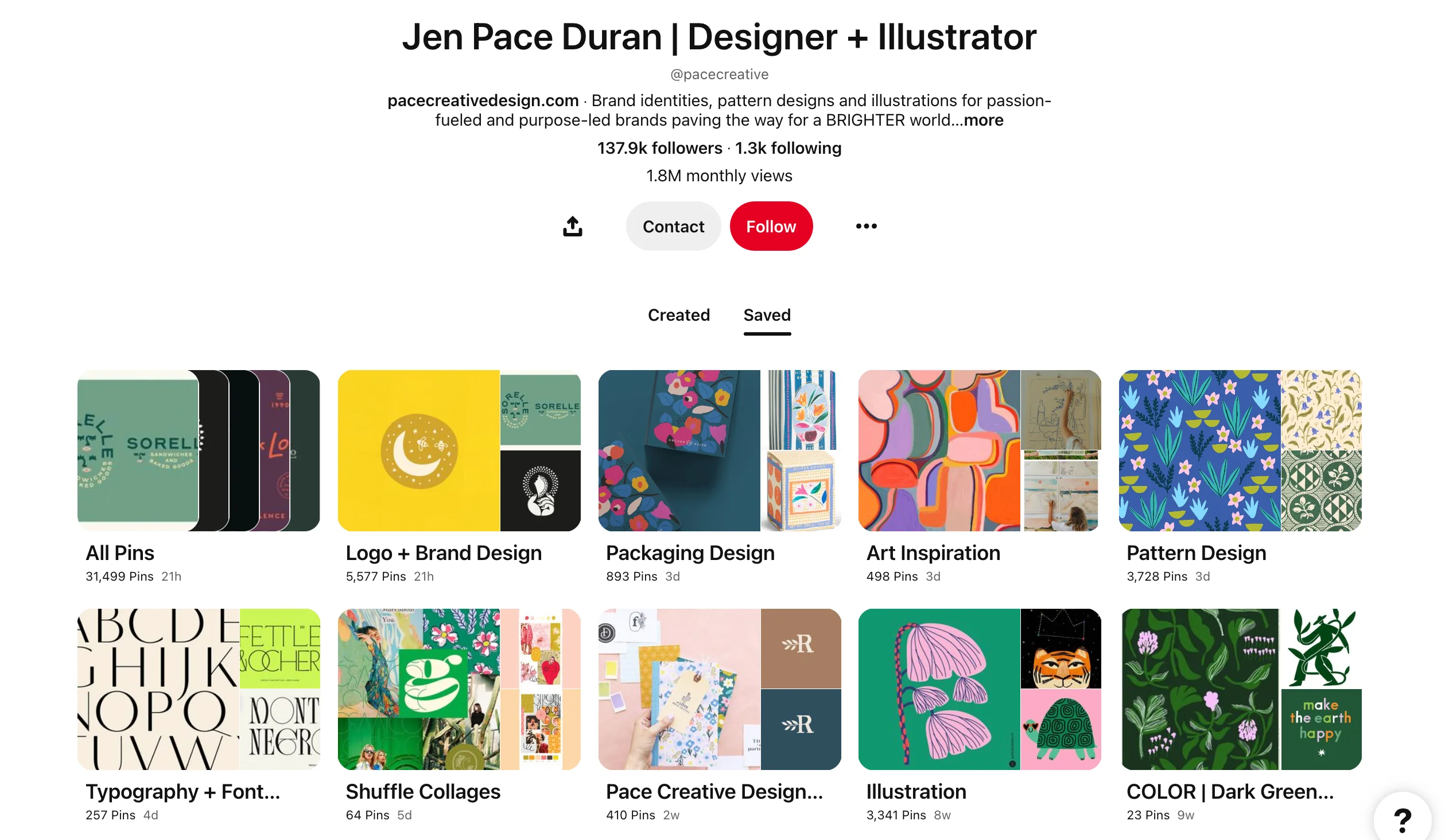 Pinterest profile of designer showcasing saved boards for branding and illustration.