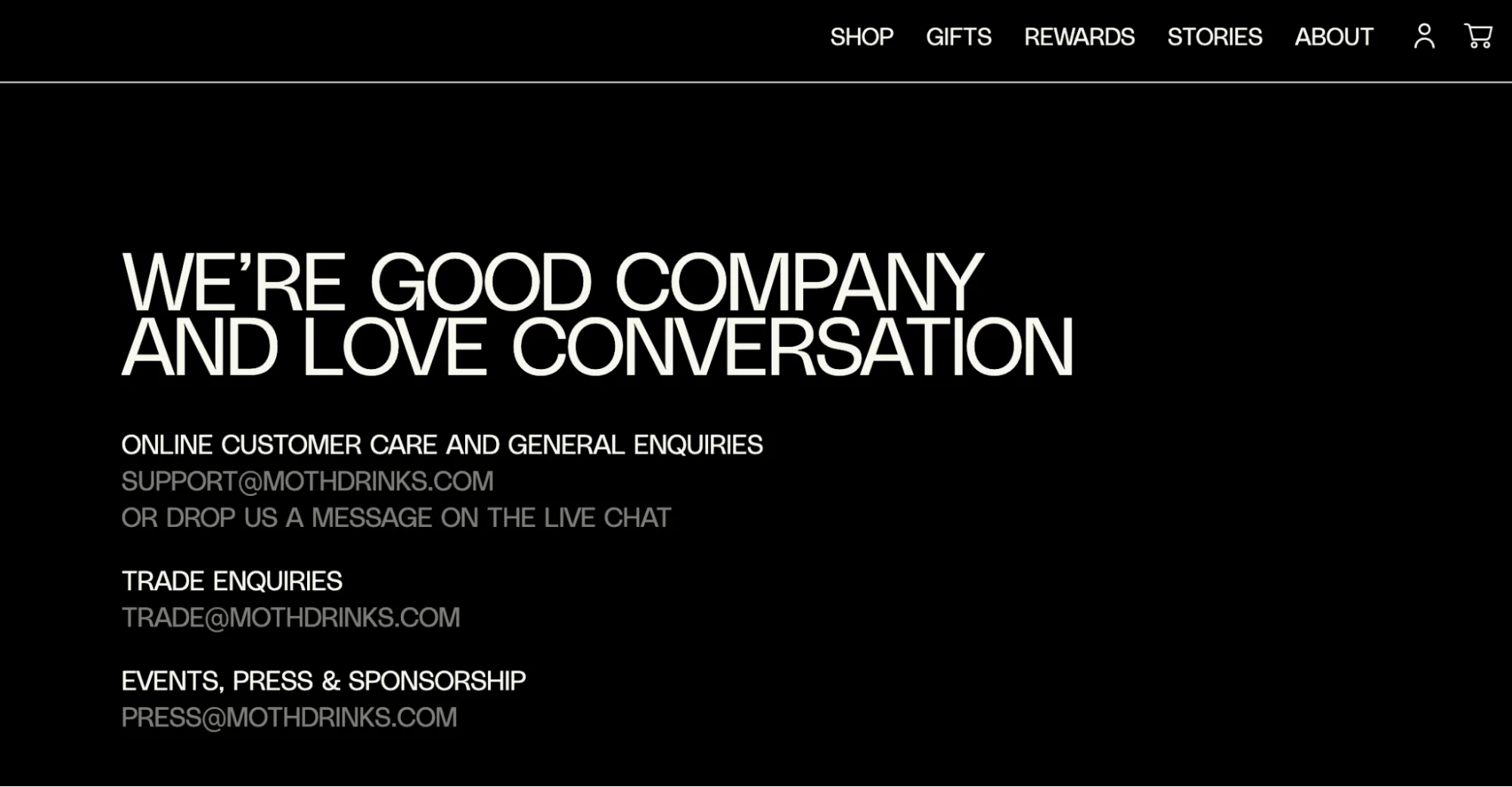 Moth Drink’s Contact Us page features bold, white font on a black background.