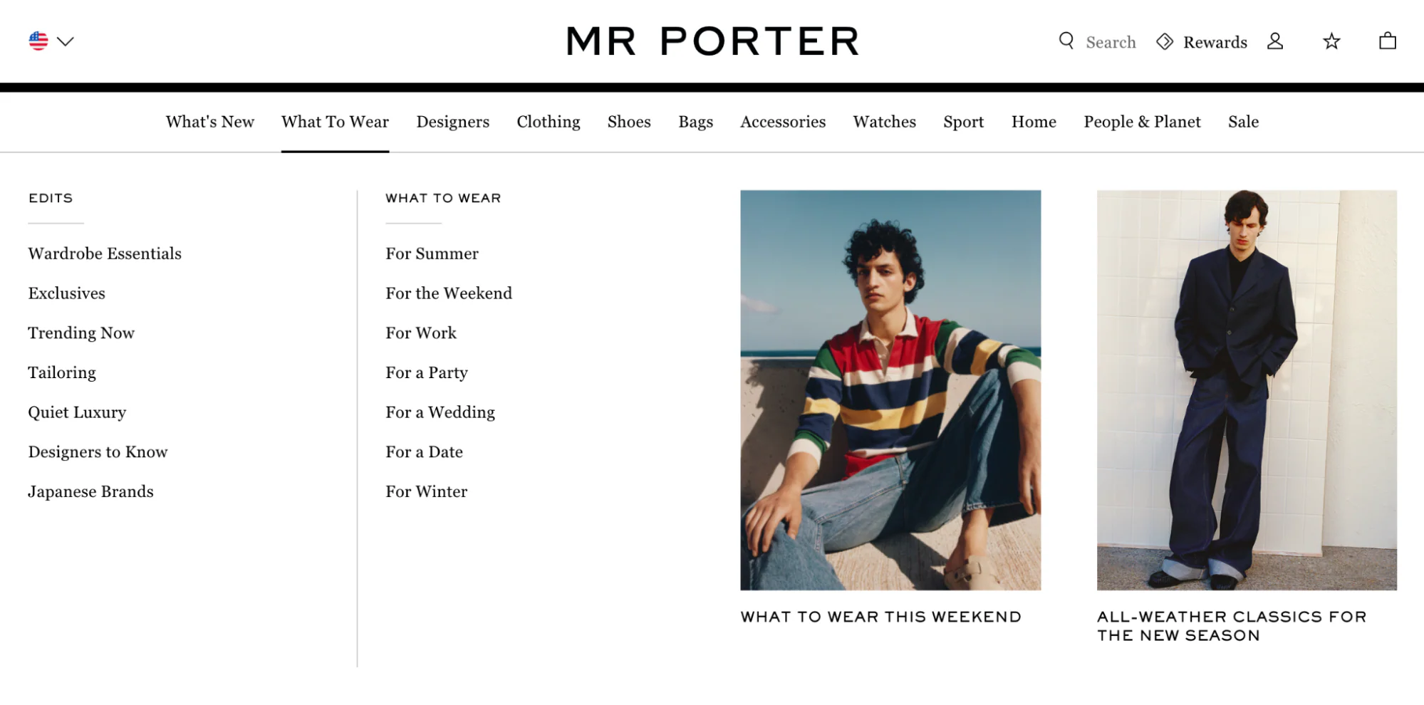 The Mr. Porter homepage with editorial product tiles and designer navigation.