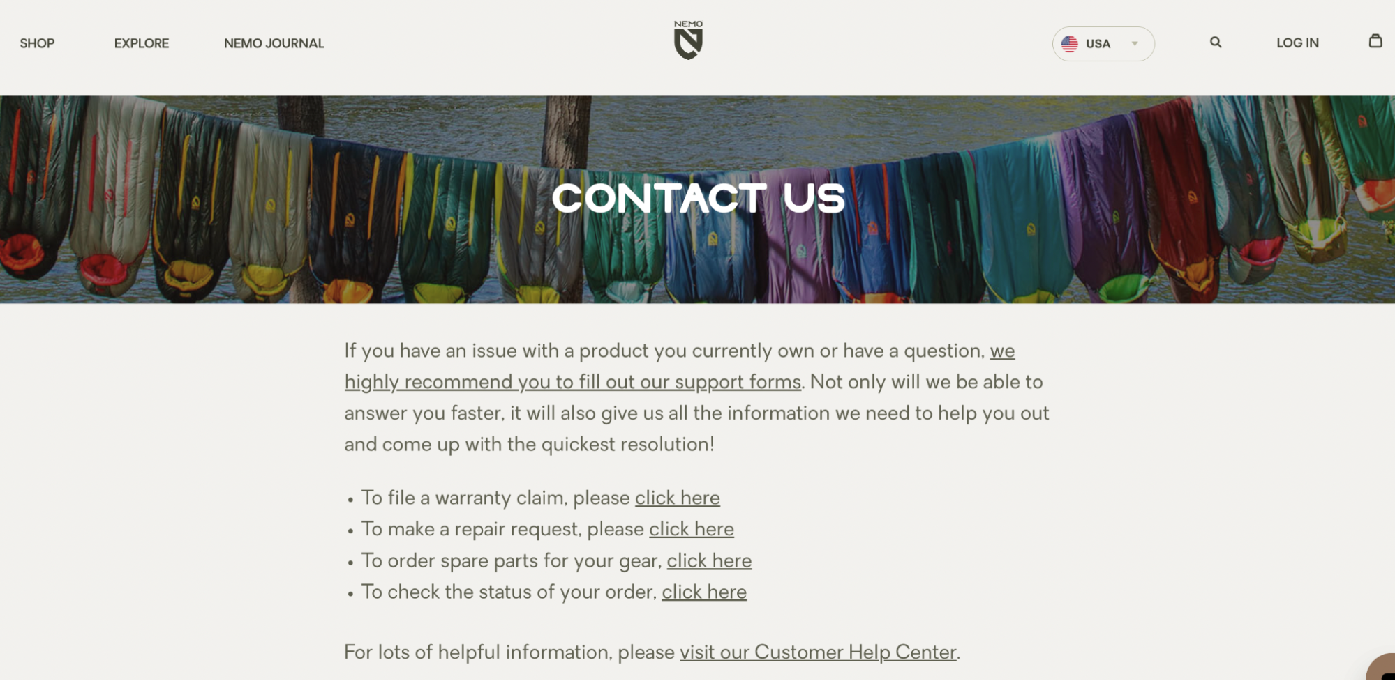 NEMO Equipment’s Contact Us page has various contact options for different customer needs.