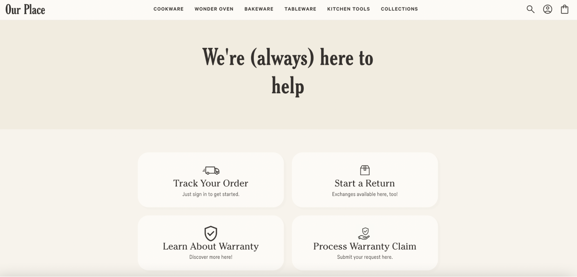 Our Place’s contact page has buttons for tracking orders, returns, and warranties.