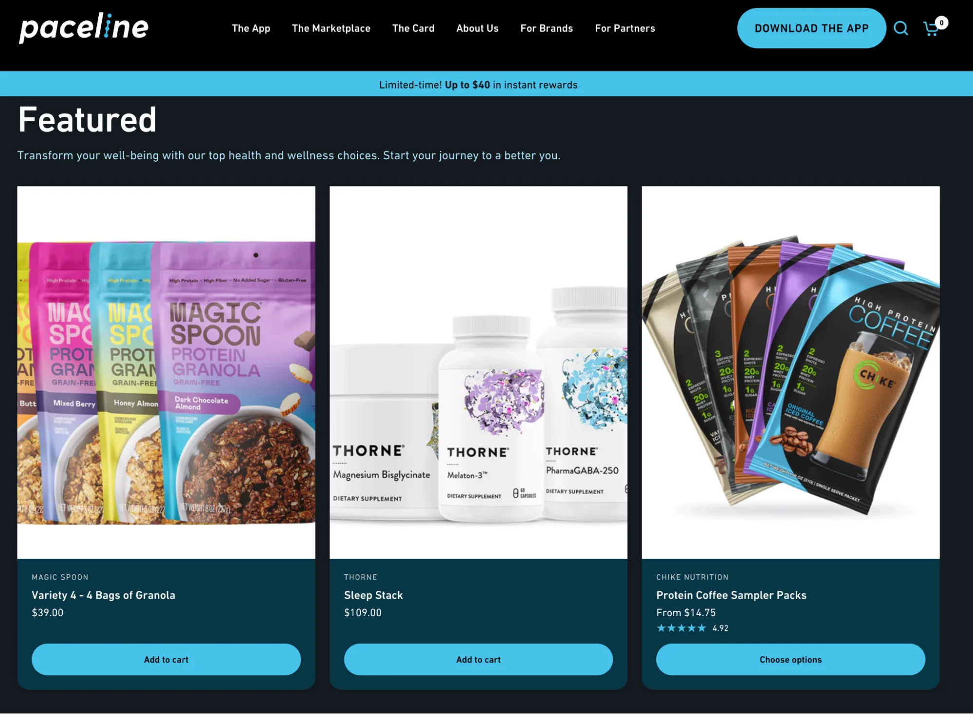 A Paceline page showing featured products: Magic Spoon granola, a Thorne supplement stack, and a Chike coffee sampler.