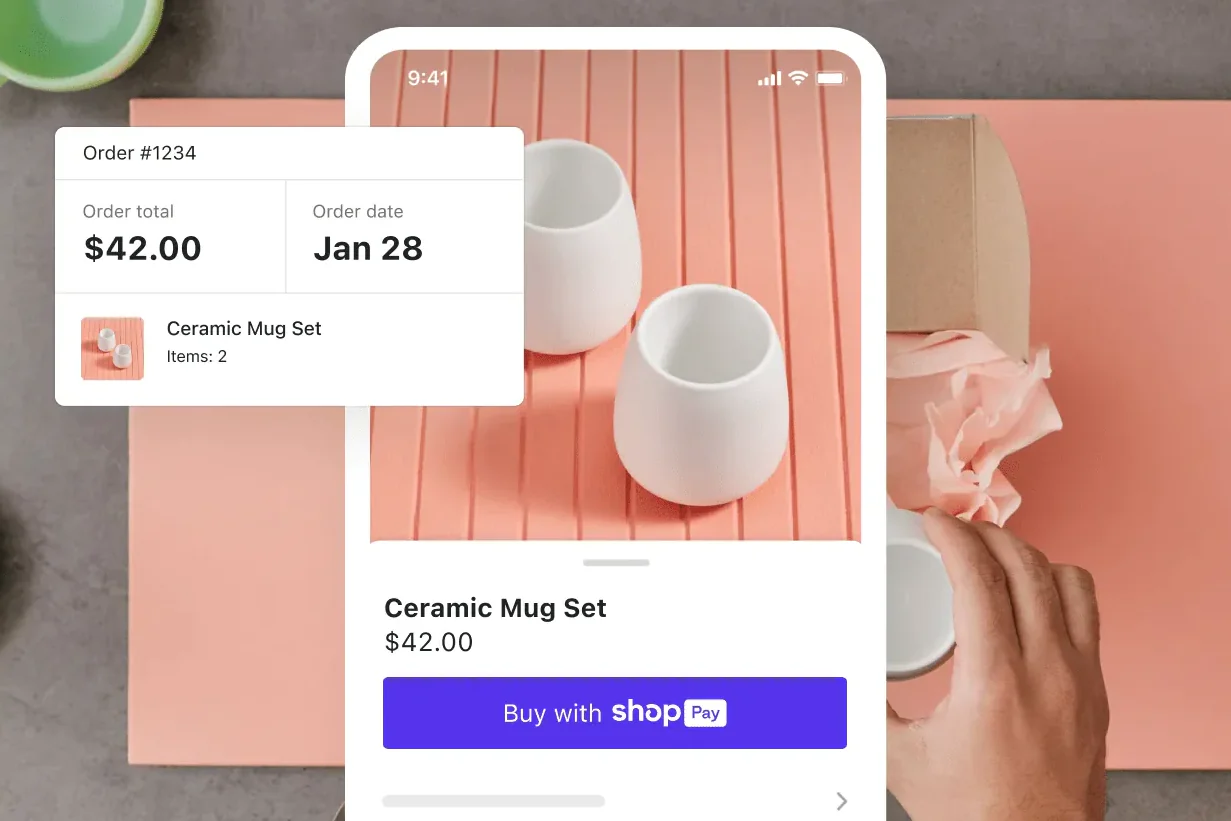 Demo of Shop Pay on a mobile phone showing an order placed for a ceramic mug set