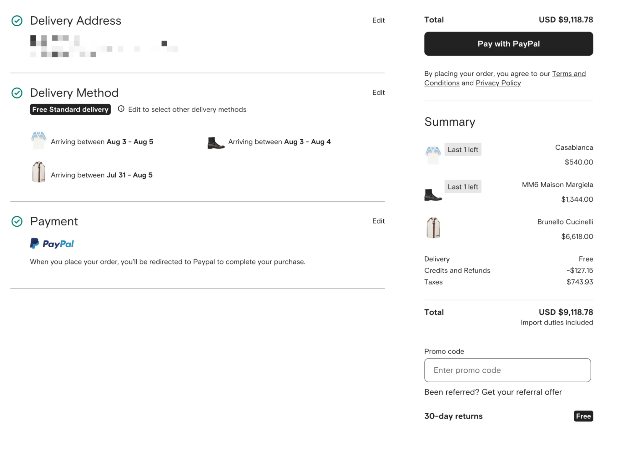 A checkout screen showing delivery dates for three items with PayPal payment selected.
