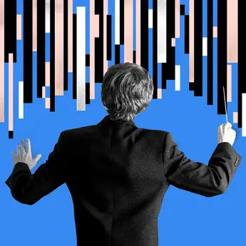 A person in business attire holding a maestro baton orchestrating data imagery in the background