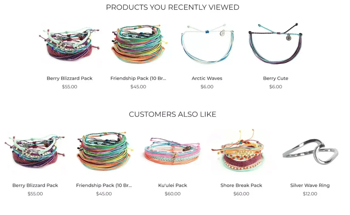 Product page of multicolor woven string friendship bracelets.