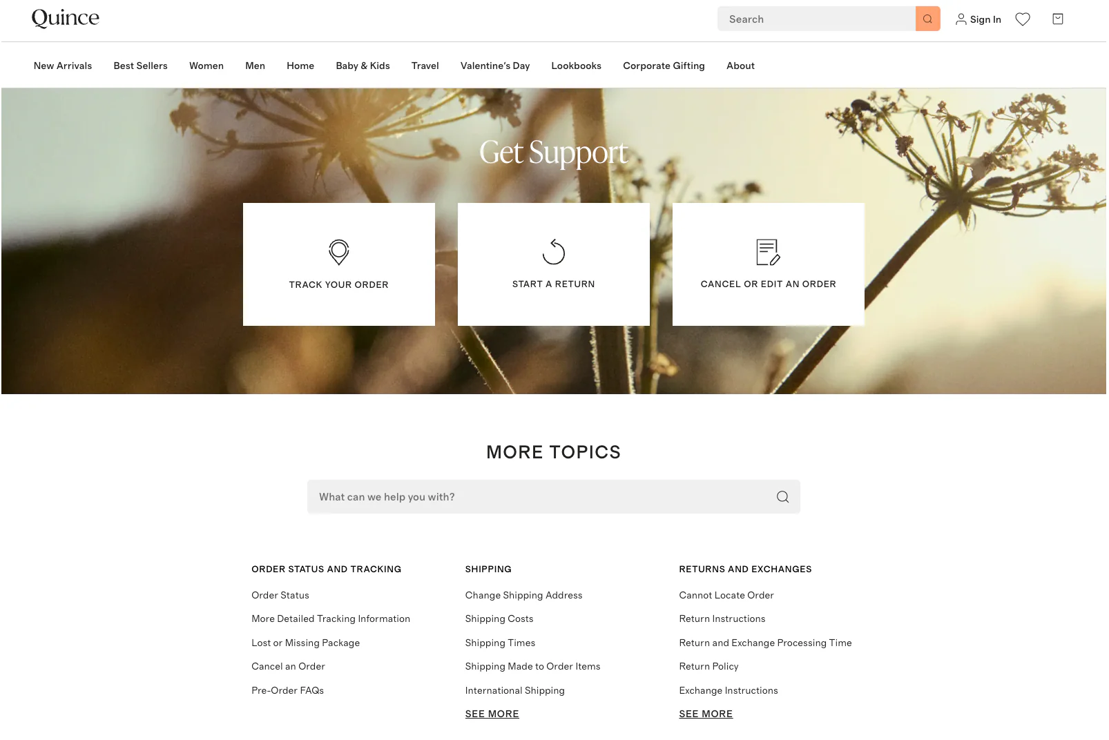 Quince’s contact page has three support buttons and a search bar for more topics.