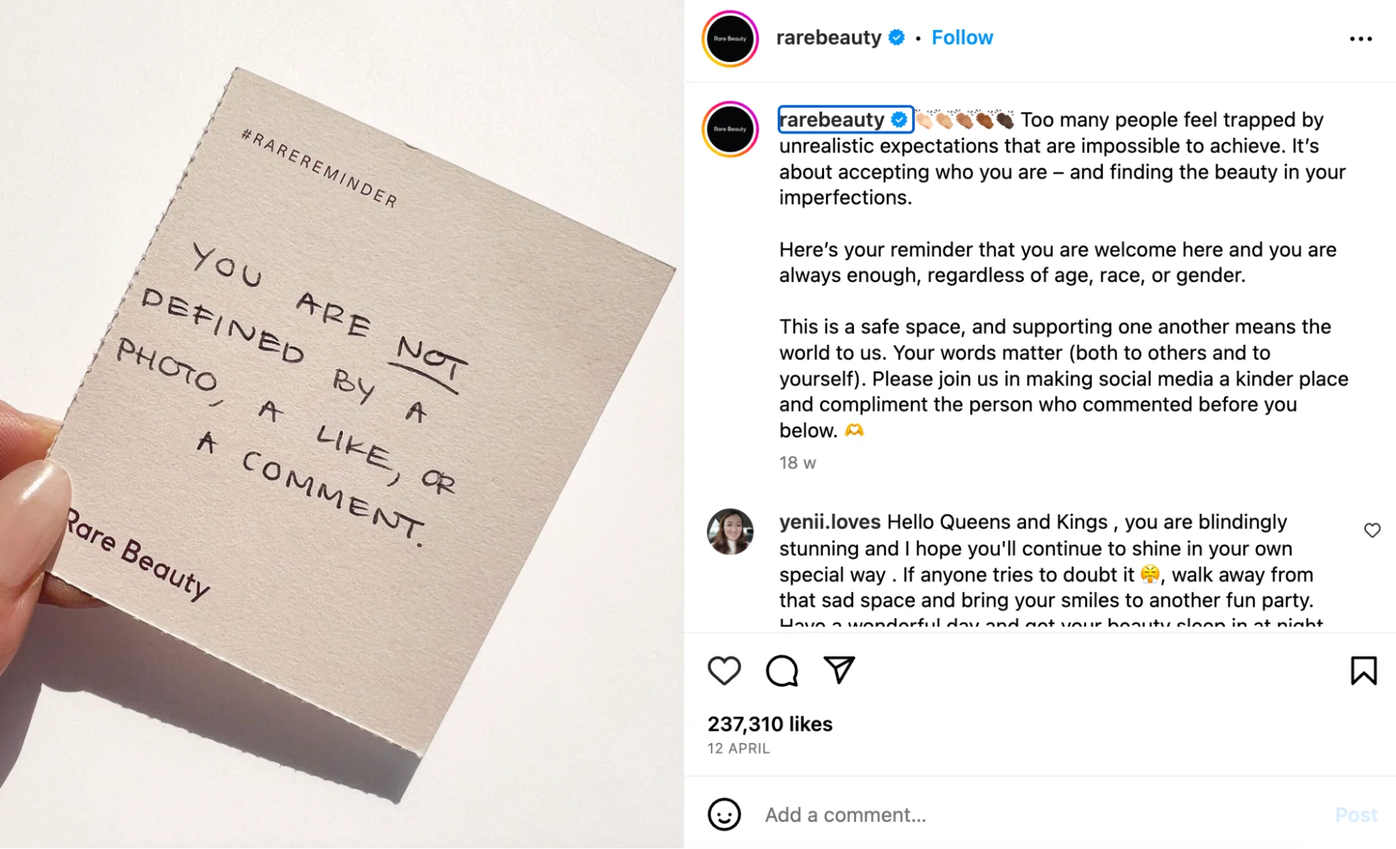 Paper with the words “You are not defined by a photo, like, or comment” posted on Instagram.