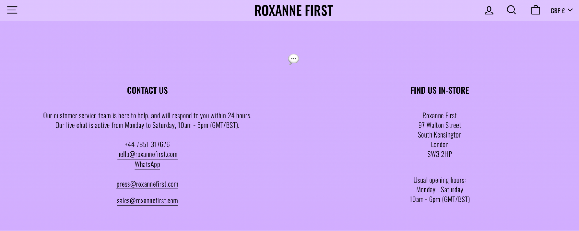 Roxanne First’s Contact Us page has black text on a light purple background.