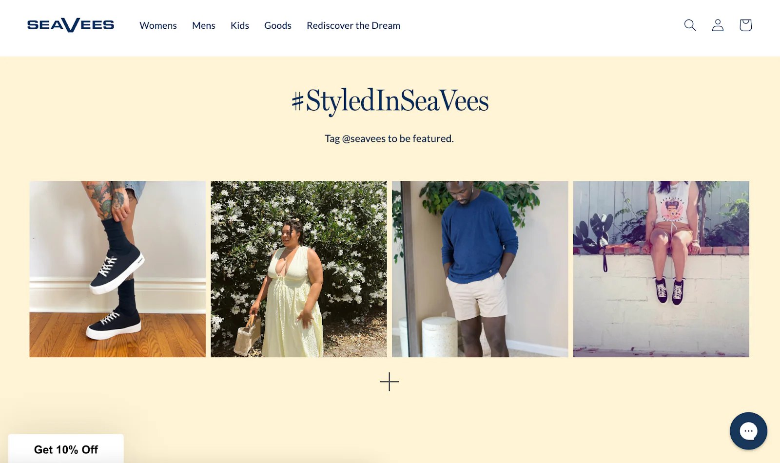 Webpage for SeaVees showing a feed of Instagram posts from customers who shared images wearing SeaVees shoes.