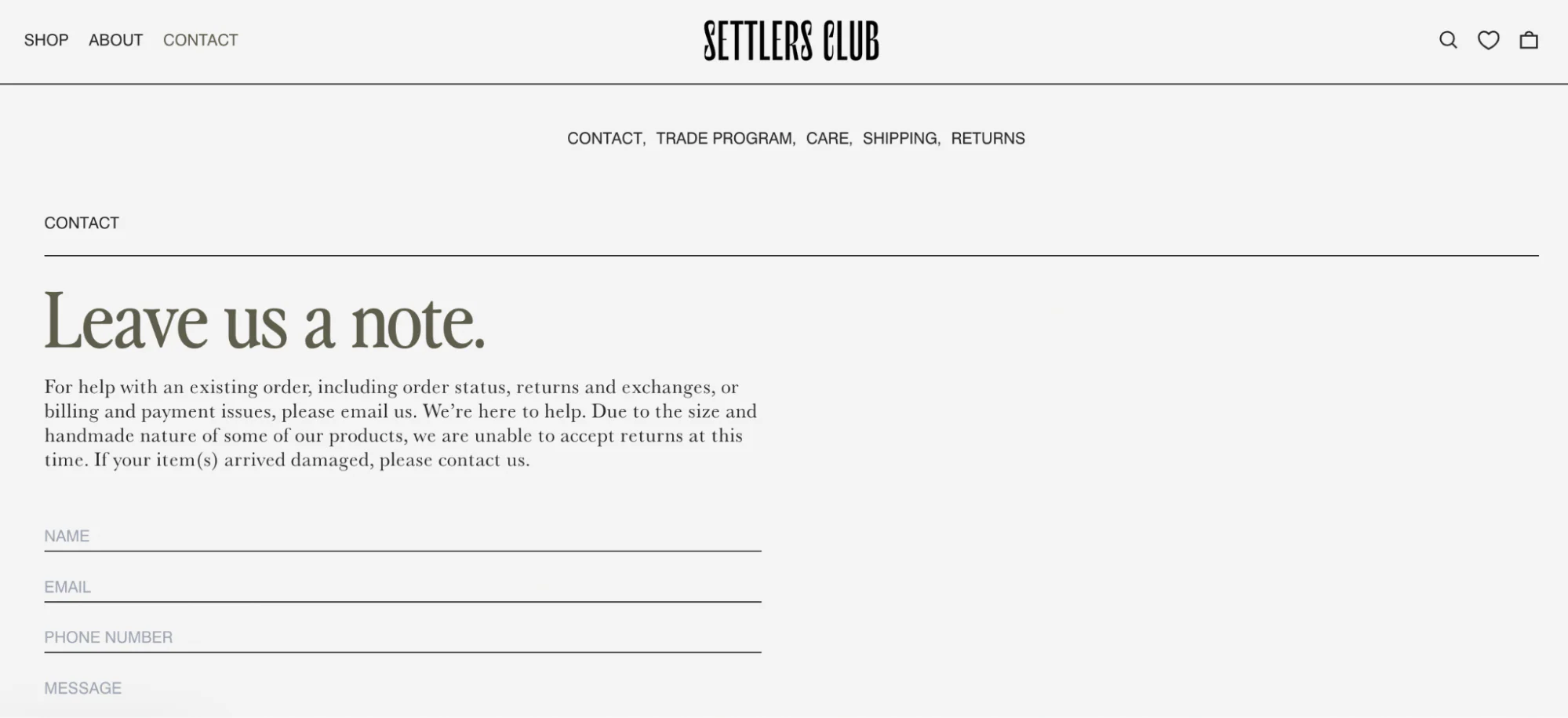 Settler’s Club’s contact page invites customers to “leave us a note” with a short contact form.