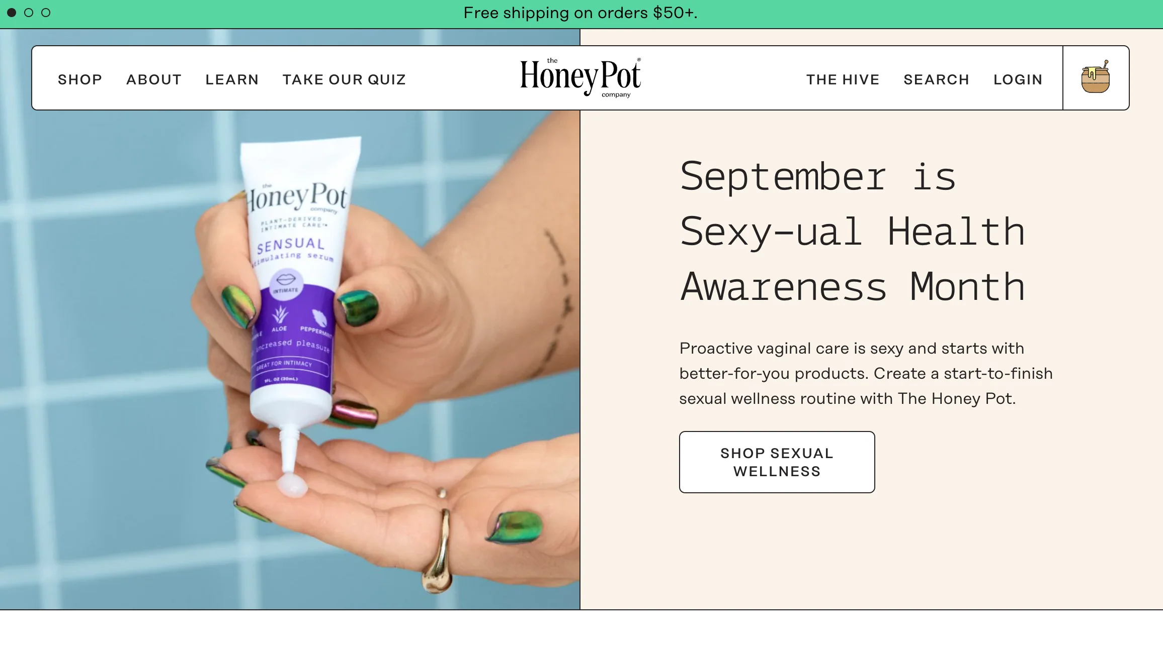Homepage for Shopify-powered ecommerce store Honey Pot