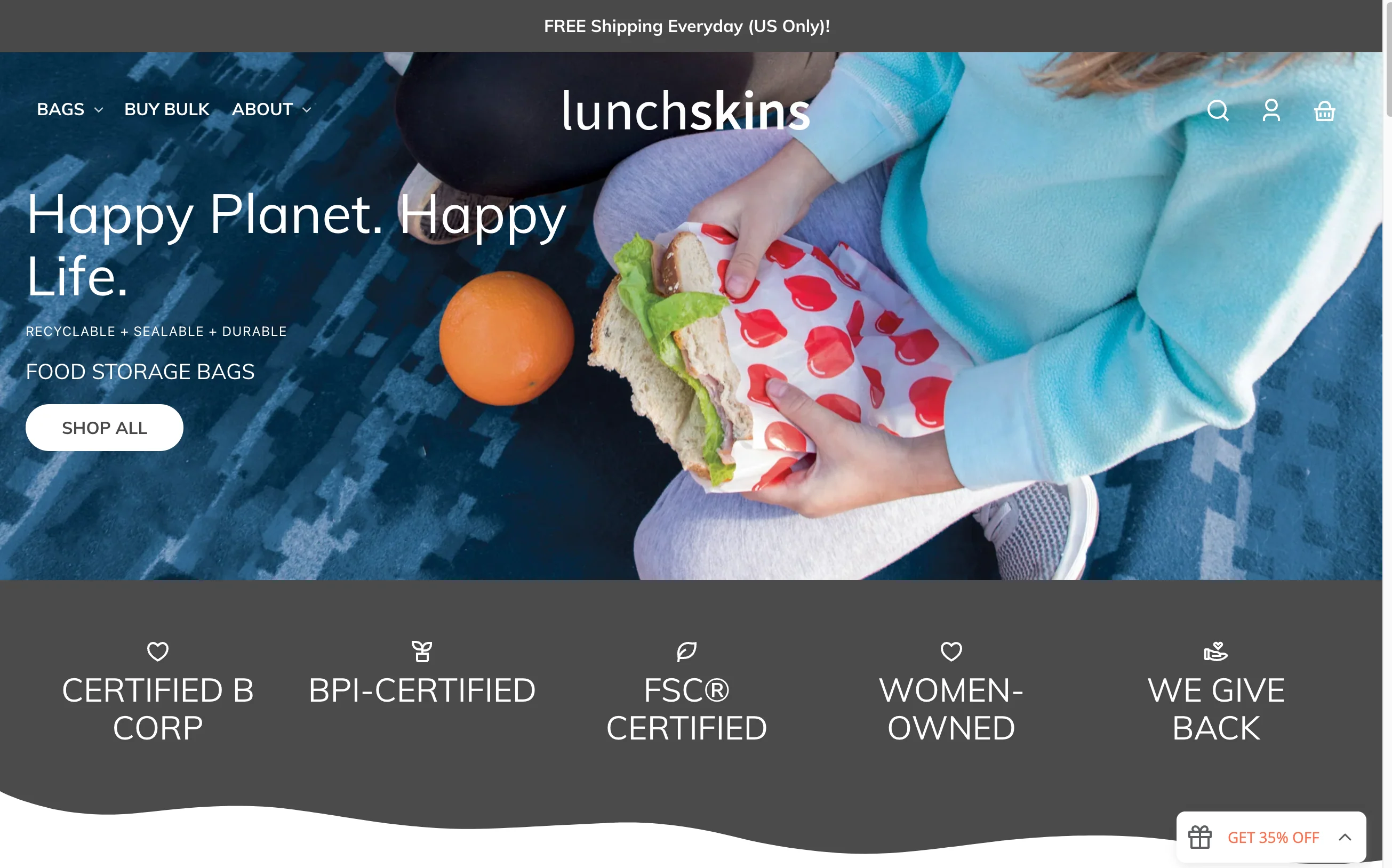 Homepage for Shopify-powered ecommerce store Lunchskins