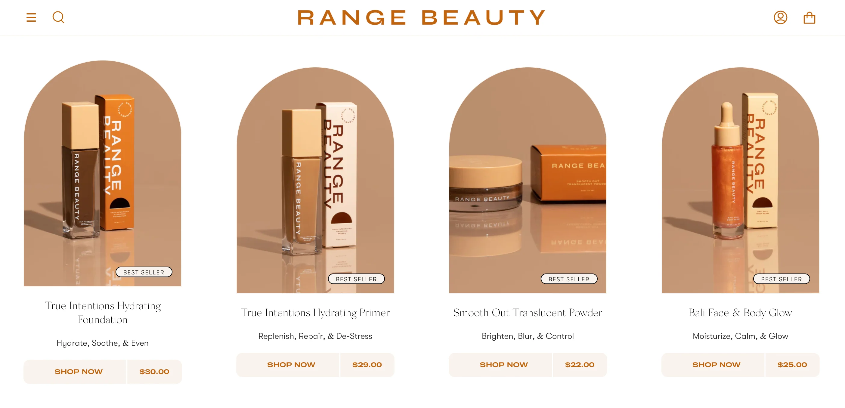 Homepage for Shopify-powered ecommerce store Range Beauty