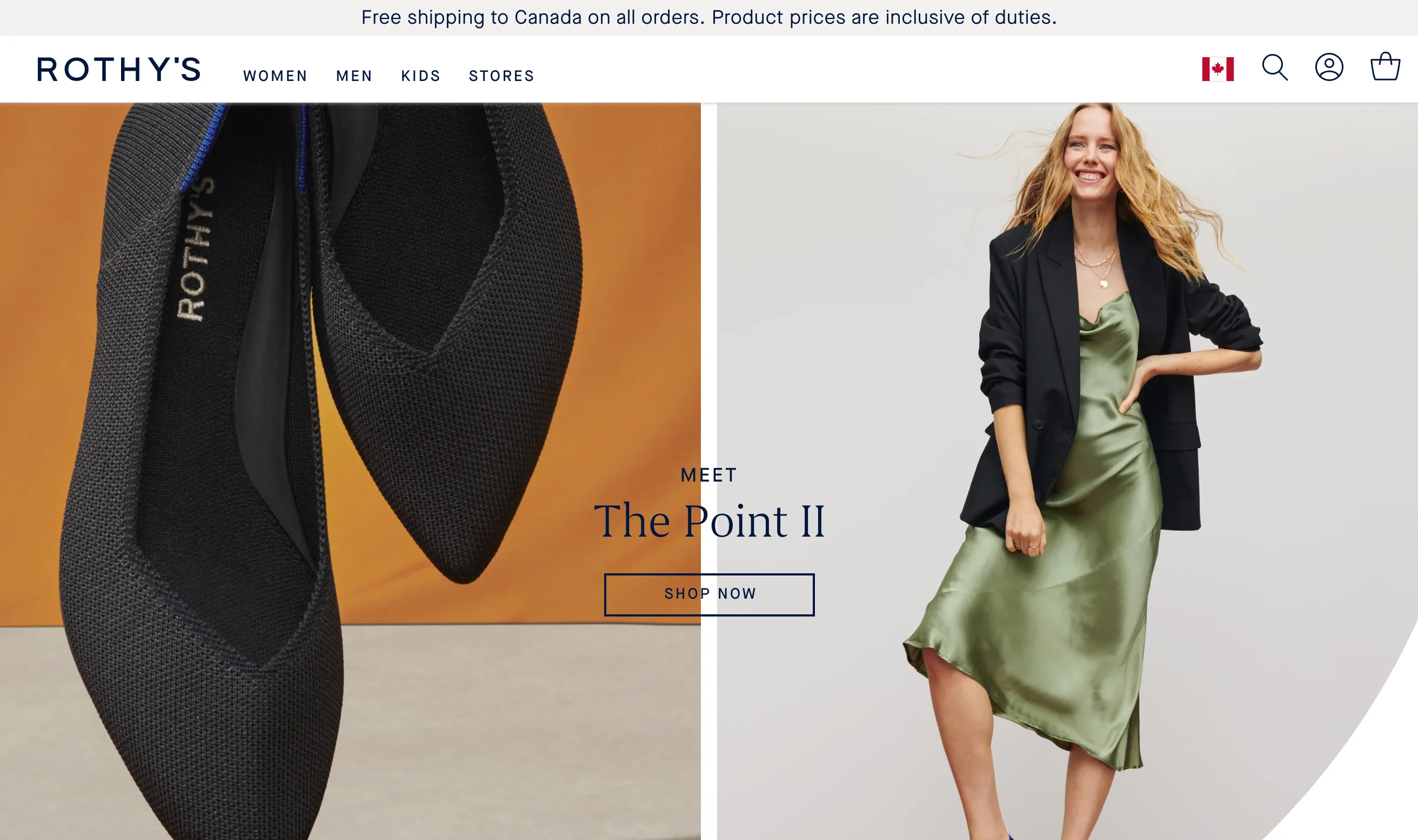 Home page for the ecommerce website of Shopify store Rothys