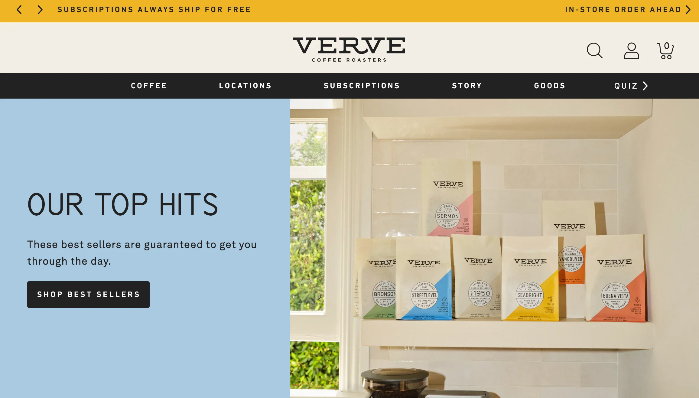 Homepage for Shopify-powered ecommerce store Verve