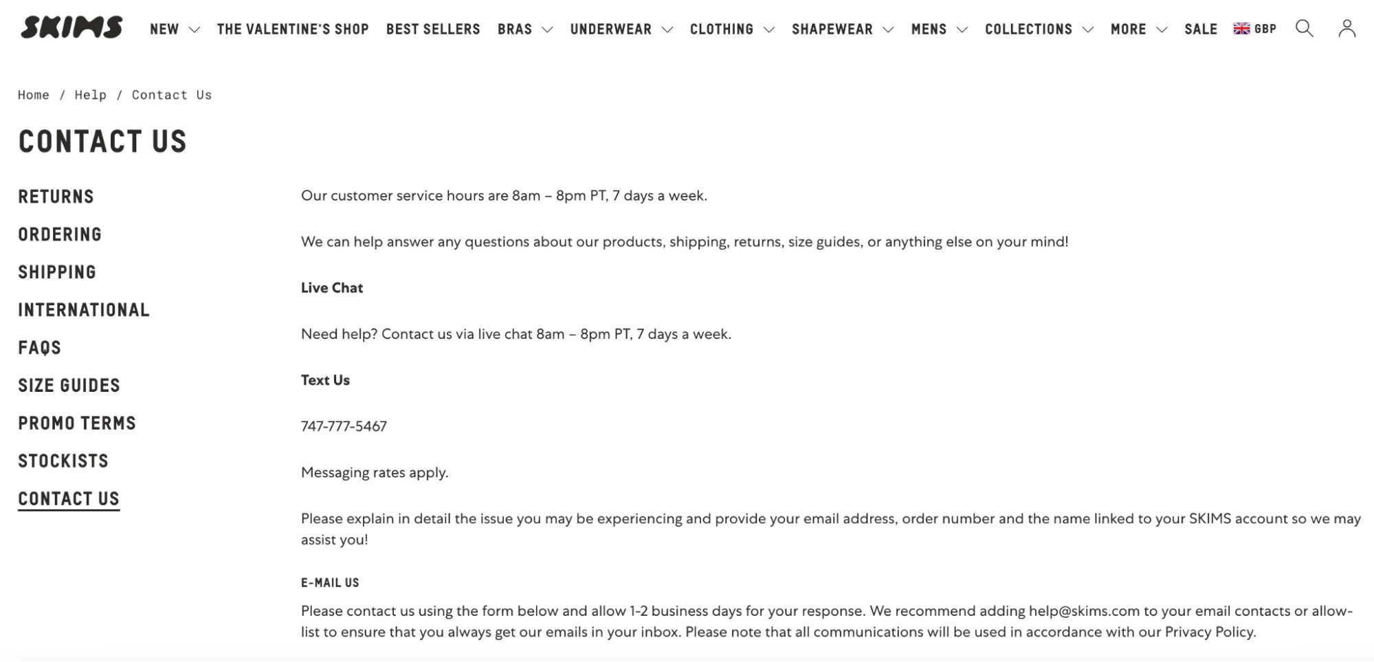 Skim’s Contact Us page includes a sidebar of options and different contact information.
