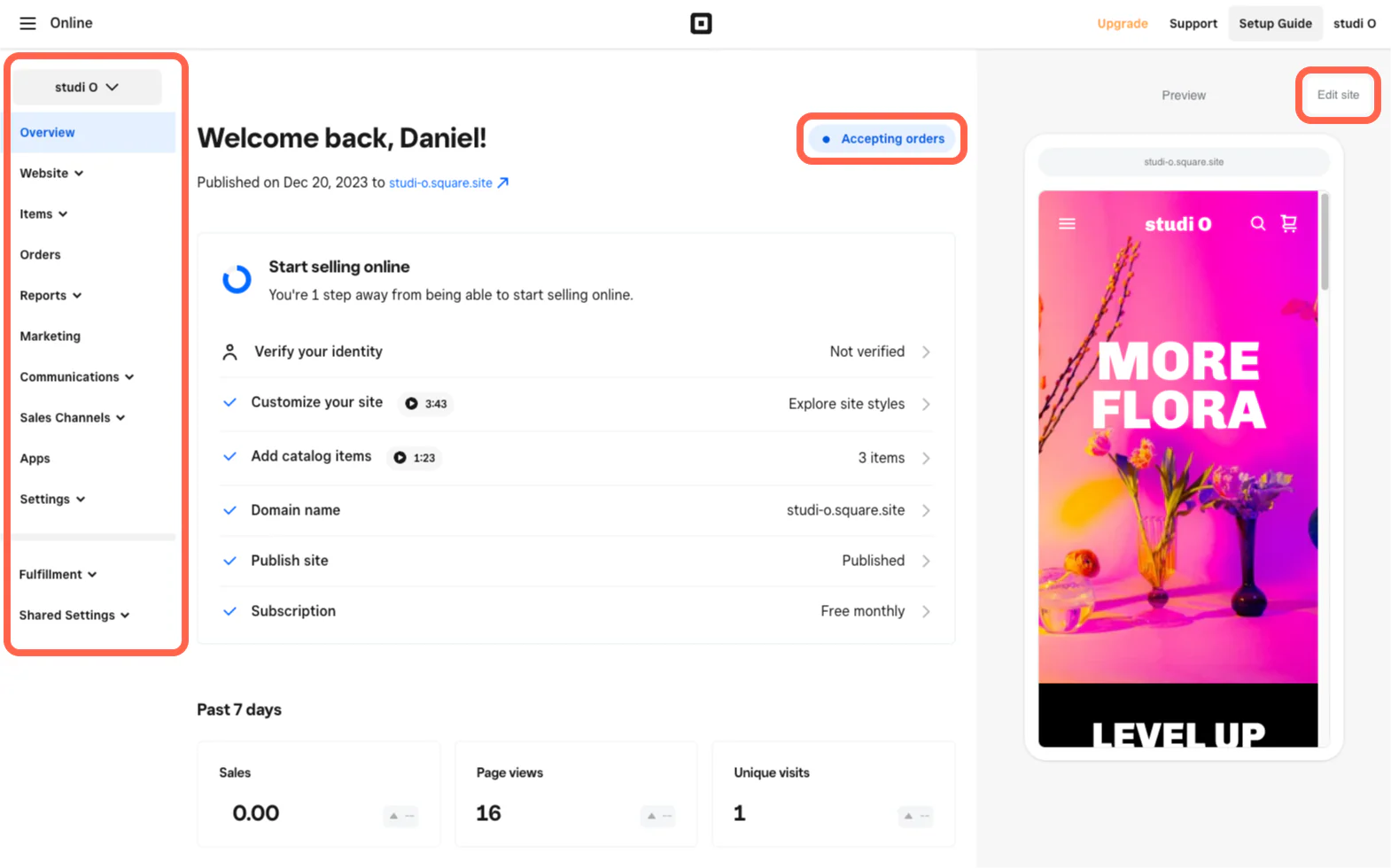 Screenshot of Square interface.