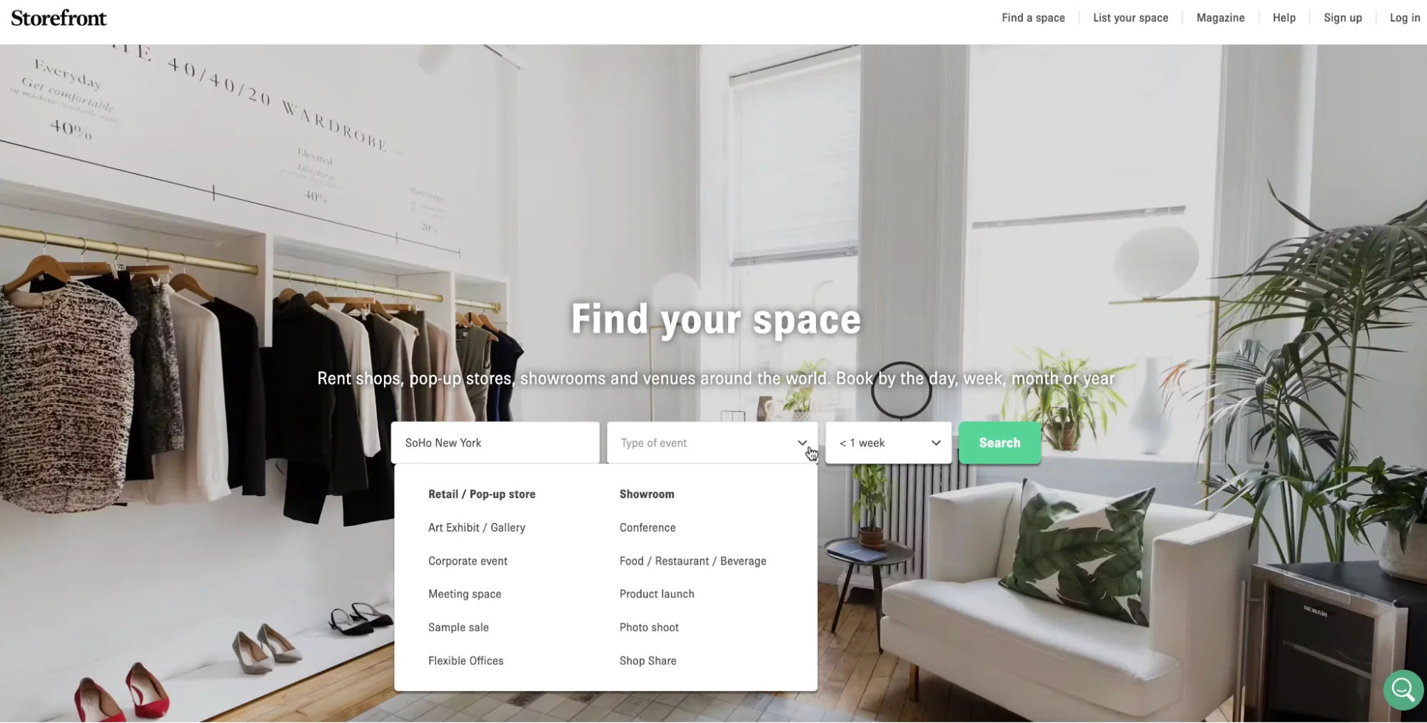 Storefront’s homepage with filters for location, event type, and rental duration for pop-up spaces.