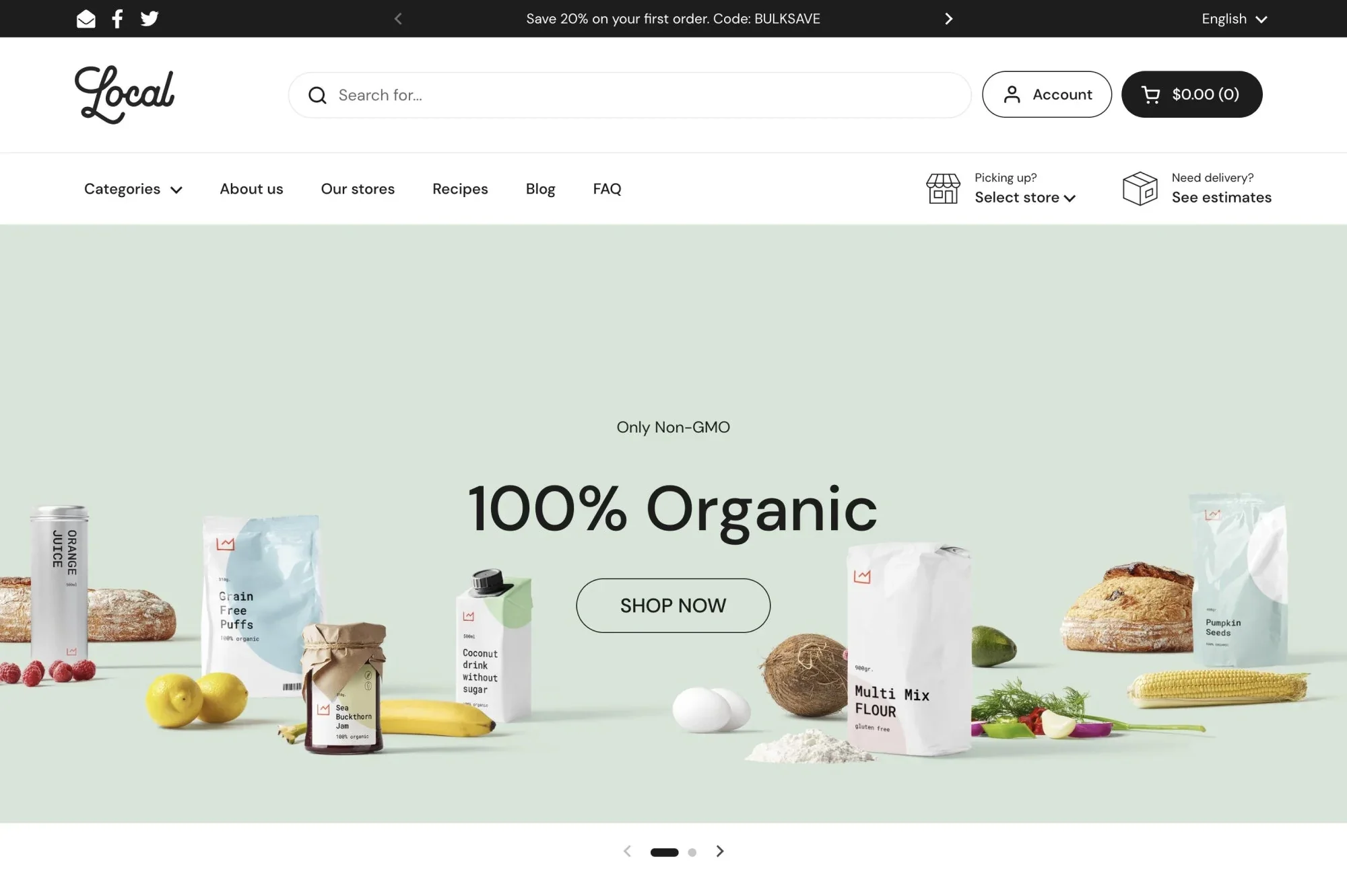 Example of an ecommerce store theme, showing organic food products for sale