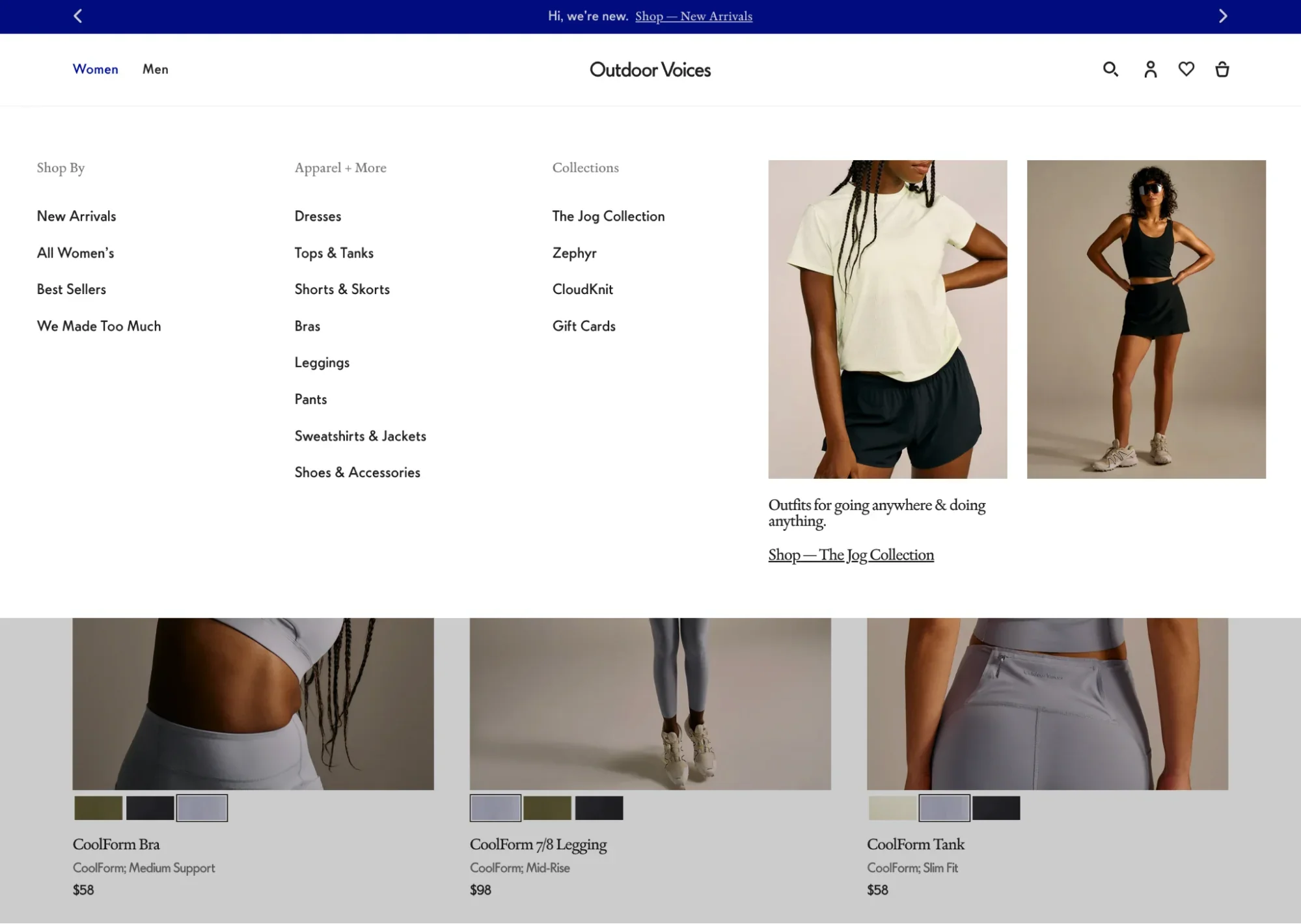 Navigation menu for an activewear brand includes categories titlesShop By and Collections