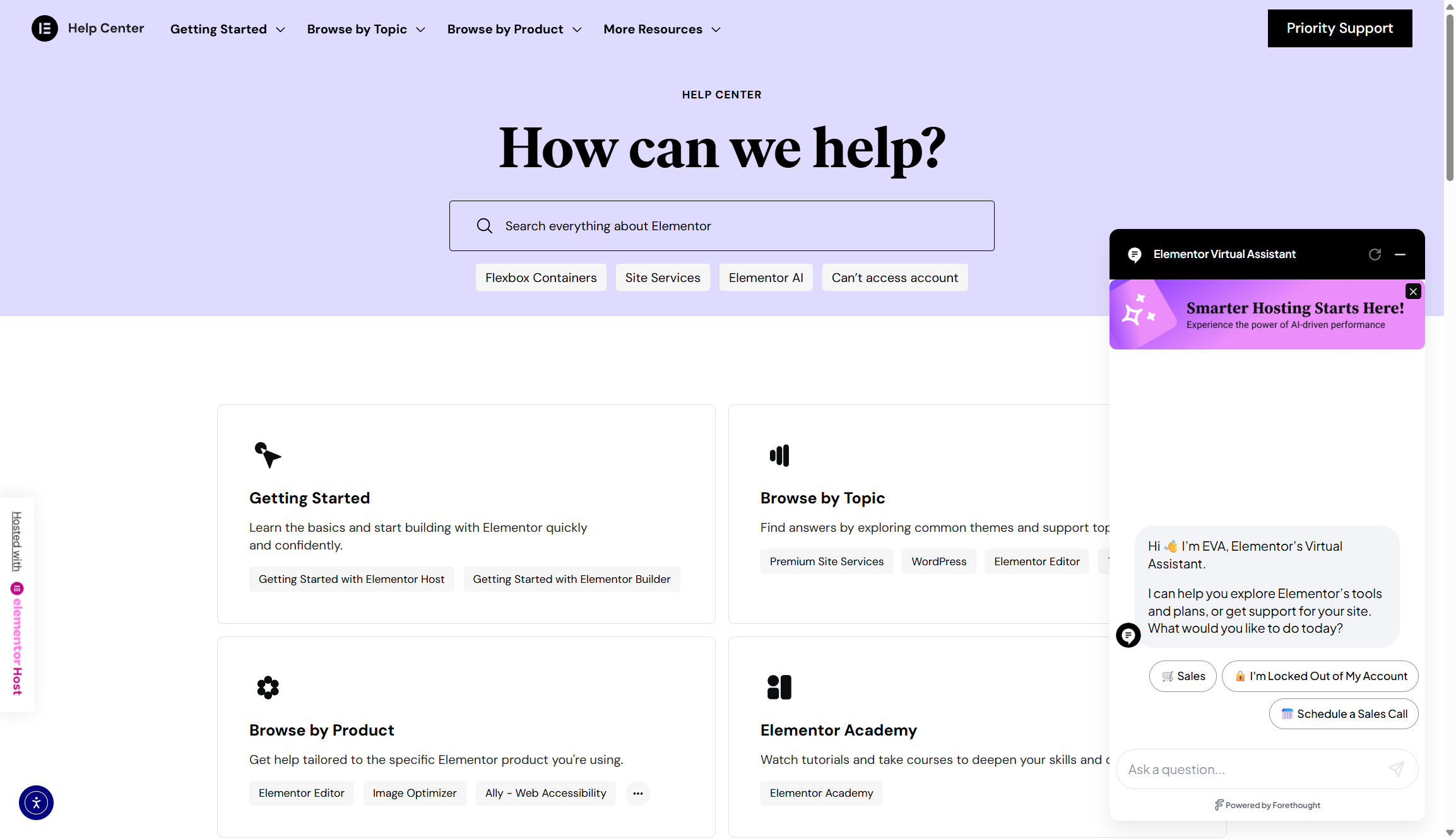 screenshot of elementor support page
