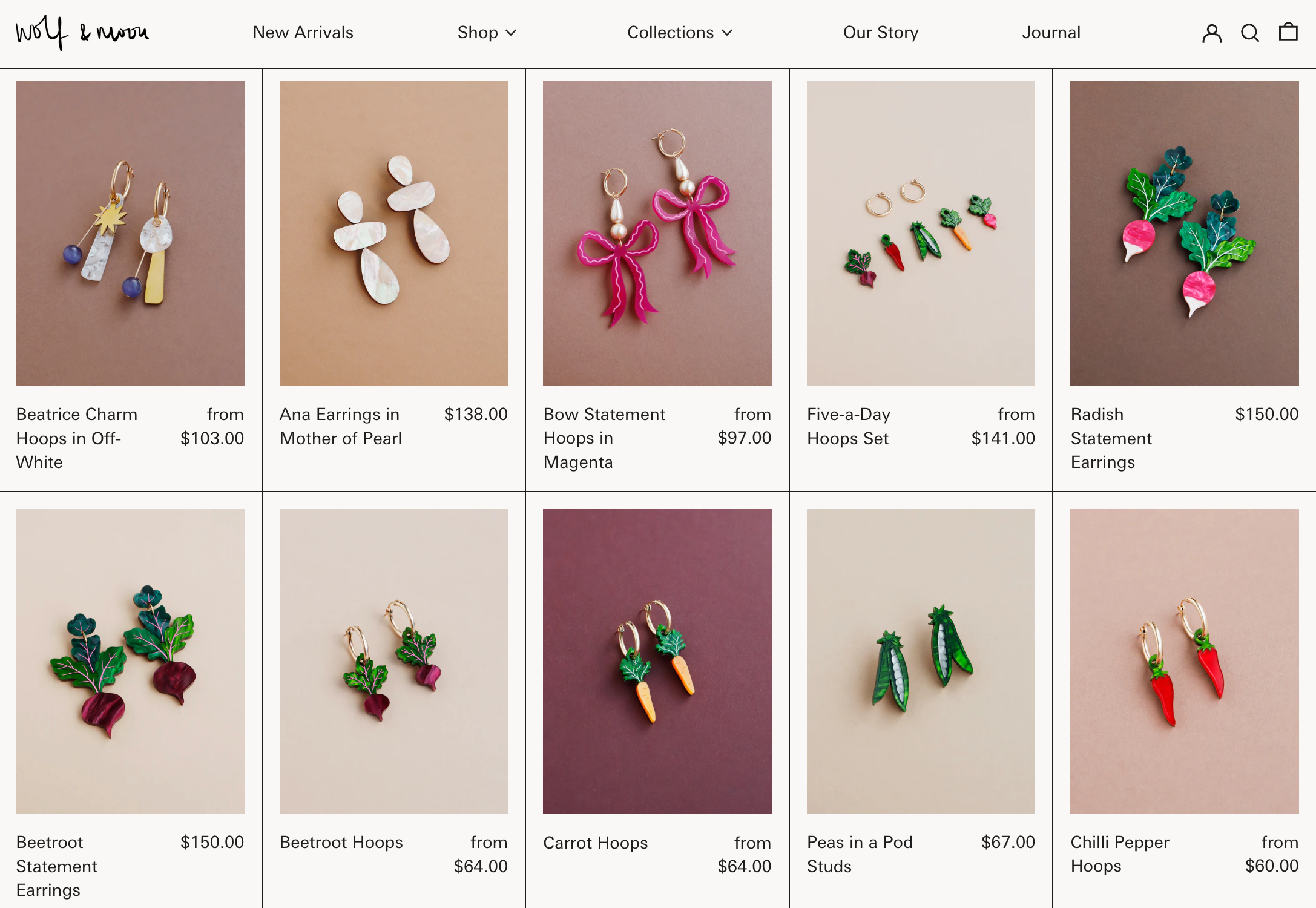 Wolf & Moon collection page displaying colorful statement earrings inspired by vegetables.