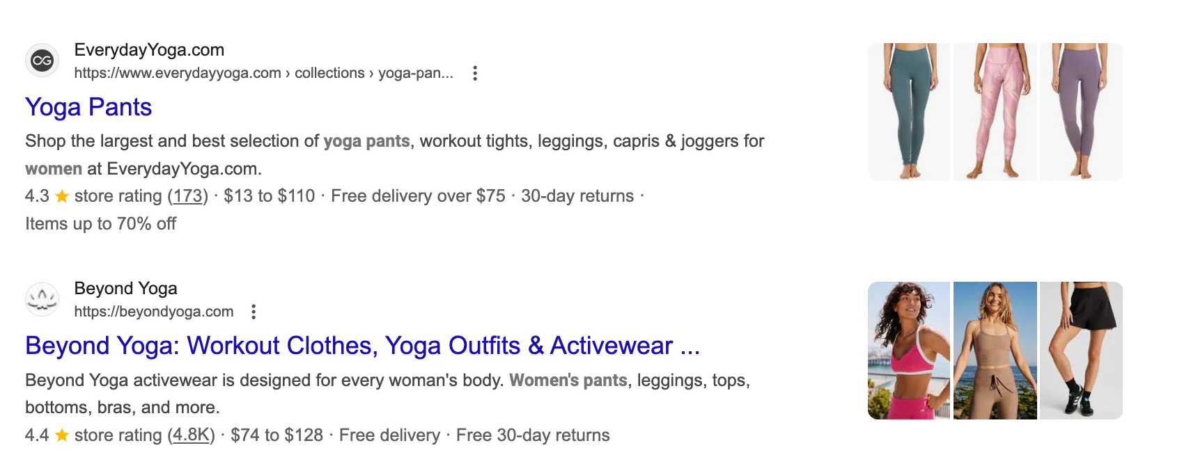 Google search results for “women’s yoga pants.”