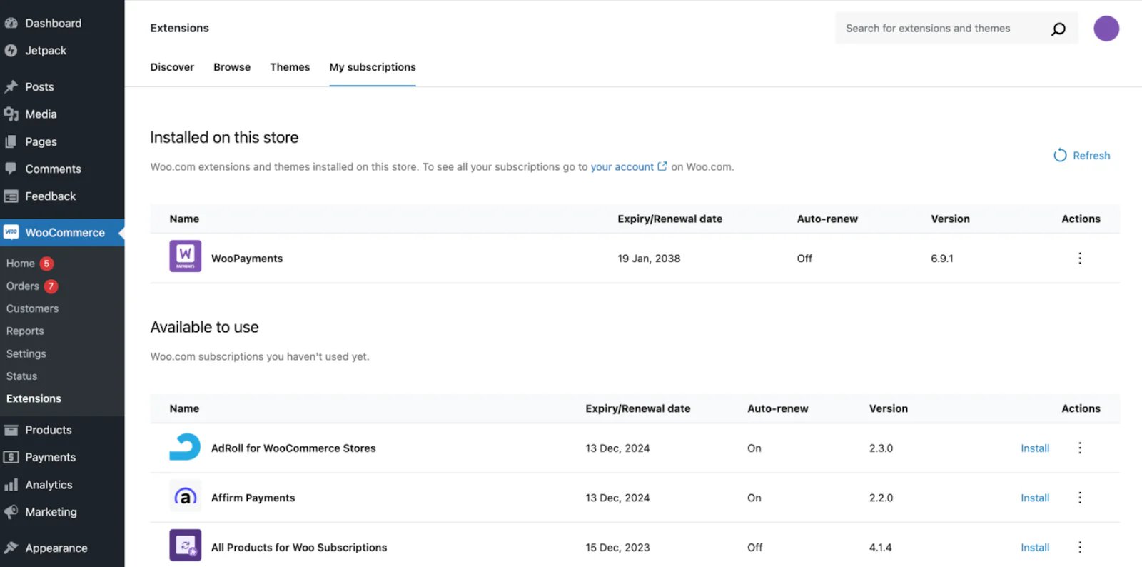 Screenshot of WooCommerce interface showing subscriptions.